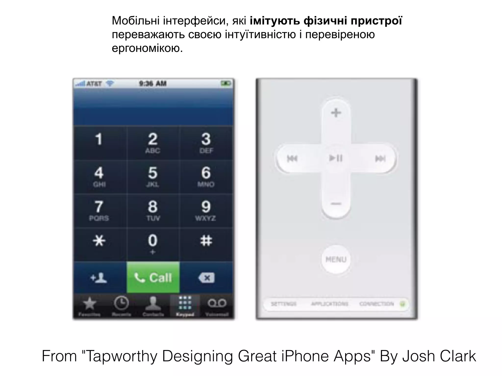 Мобільні інтерфейси, які імітують фізичні пристрої
переважають своєю інтуїтивністю і перевіреною
ергономікою.
From "Tapworthy Designing Great iPhone Apps" By Josh Clark
 
