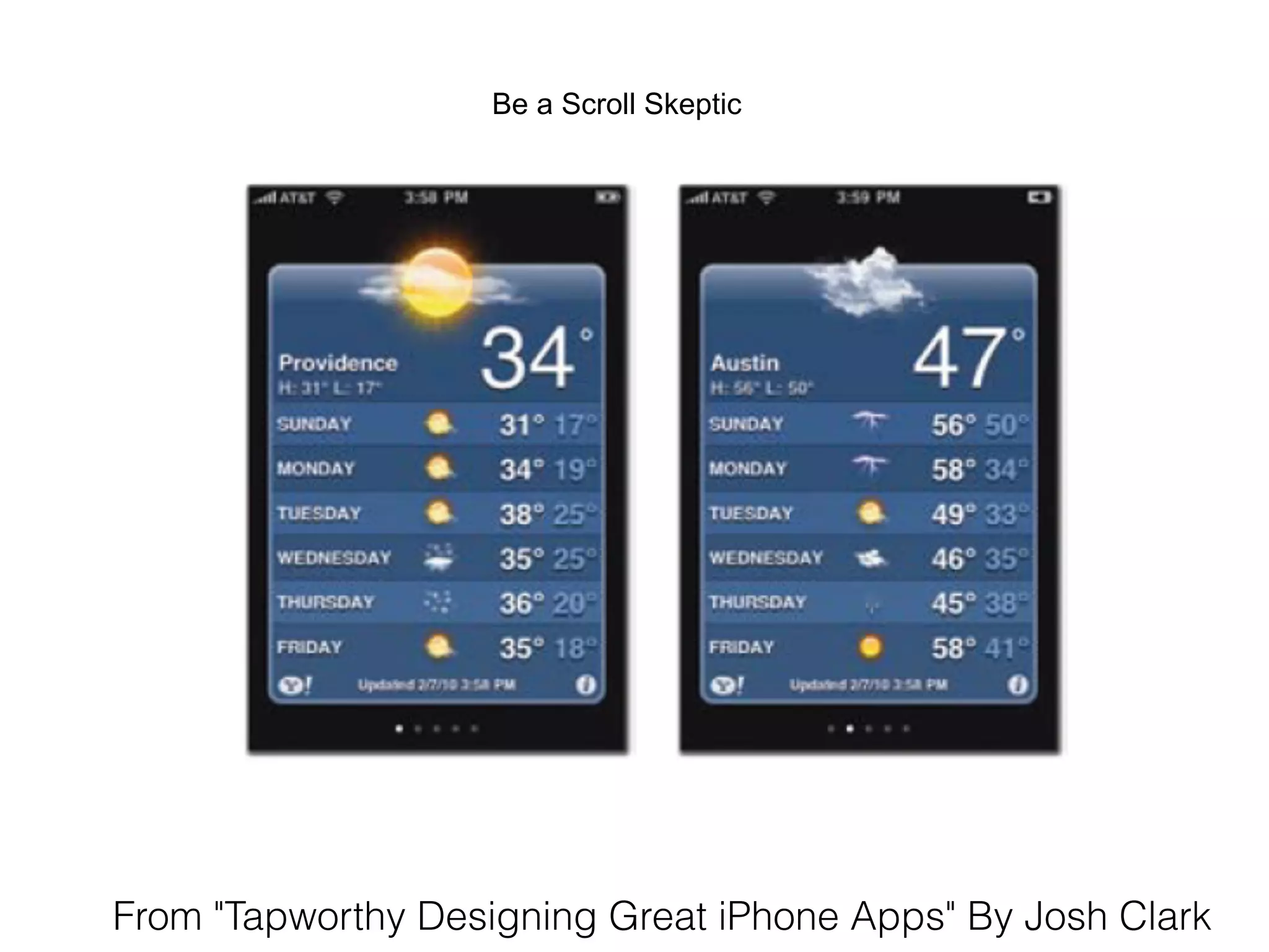 Be a Scroll Skeptic
From "Tapworthy Designing Great iPhone Apps" By Josh Clark
 