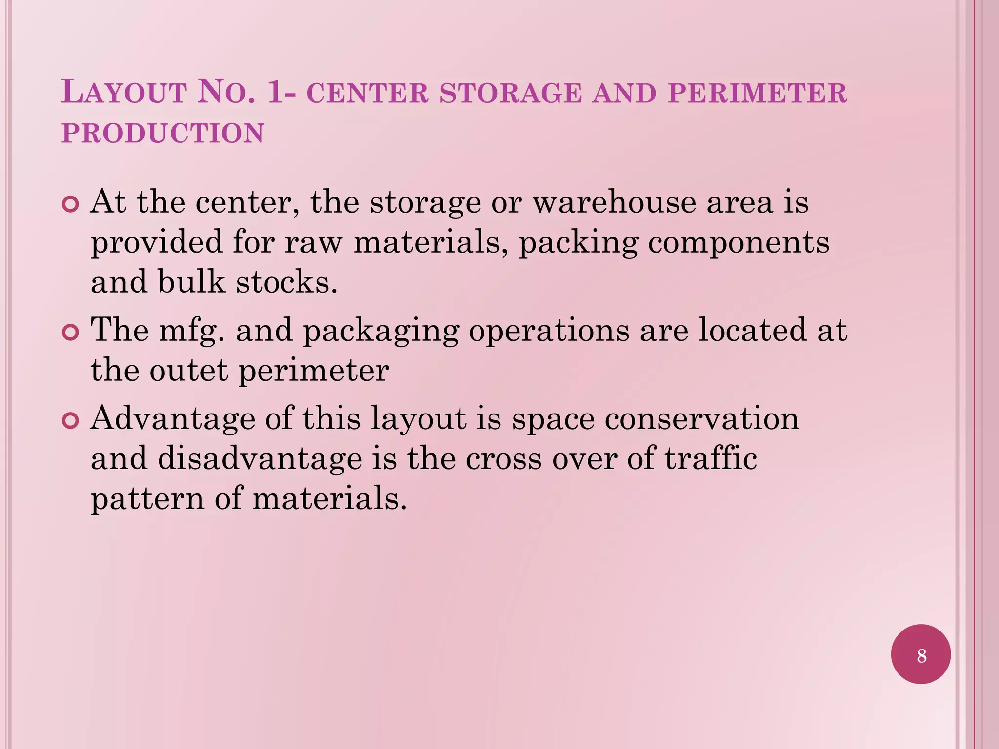 LAYOUT NO. 1- CENTER STORAGE AND PERIMETER
PRODUCTION
 At the center, the storage or warehouse area is
provided for raw materials, packing components
and bulk stocks.
 The mfg. and packaging operations are located at
the outet perimeter
 Advantage of this layout is space conservation
and disadvantage is the cross over of traffic
pattern of materials.
8
 