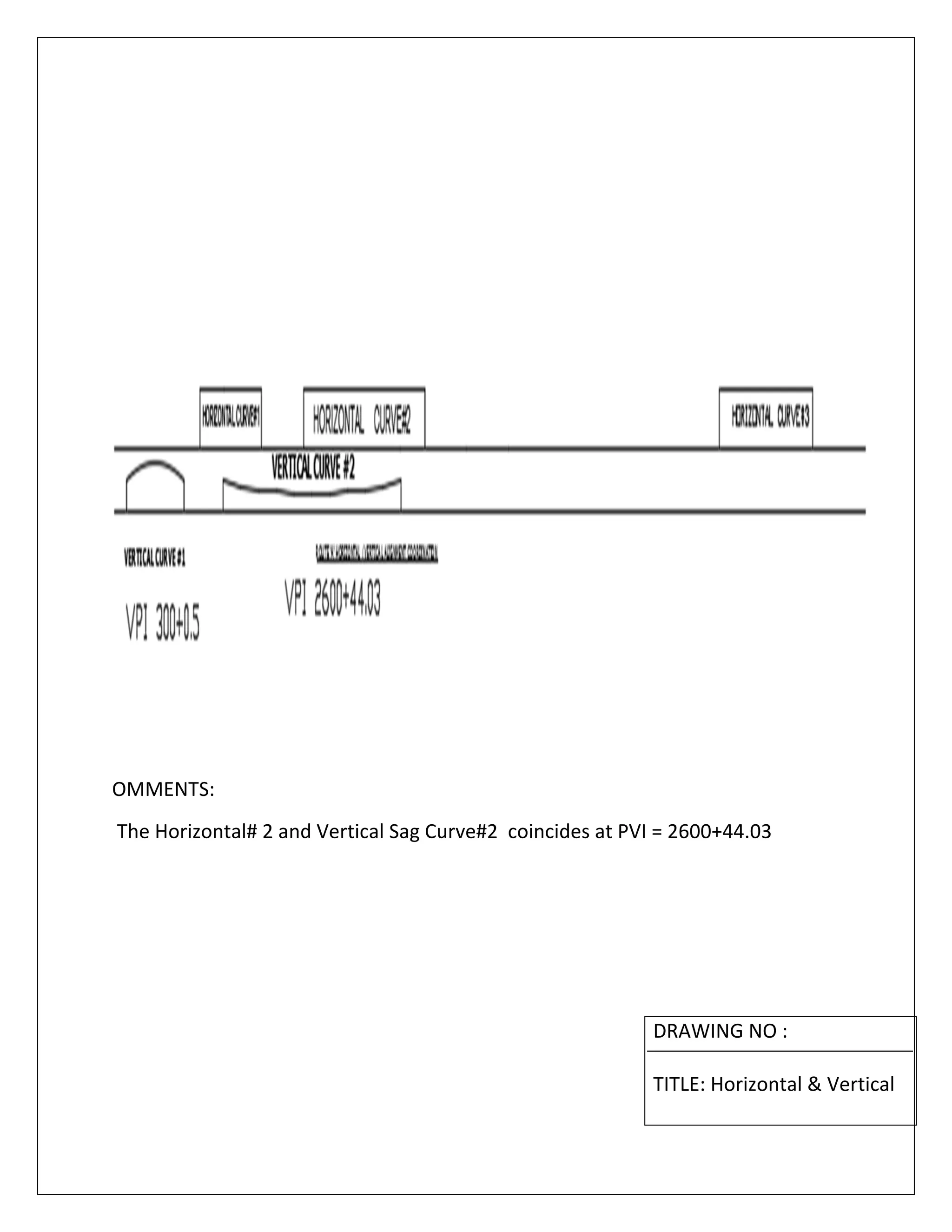   
 
 
 
 
 
 
 
 
 
OMMENTS:  
 The Horizontal# 2 and Vertical Sag Curve#2  coincides at PVI = 2600+44.03 
 
 
 
 
 
DRAWING NO : 
 
TITLE: Horizontal & Vertical  
 