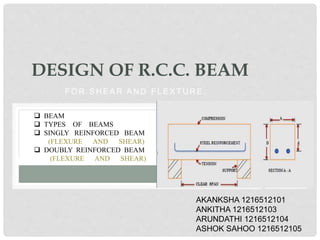 F O R S H E A R A N D F L E X T U R E .
DESIGN OF R.C.C. BEAM
 BEAM
 TYPES OF BEAMS
 SINGLY REINFORCED BEAM
(FLEXURE AND SHEAR)
 DOUBLY REINFORCED BEAM
(FLEXURE AND SHEAR)
AAKANSHA 1216512101
ANKITHA 1216512103
ARUNDATHI 1216512104
ASHOK SAHOO 1216512105
 