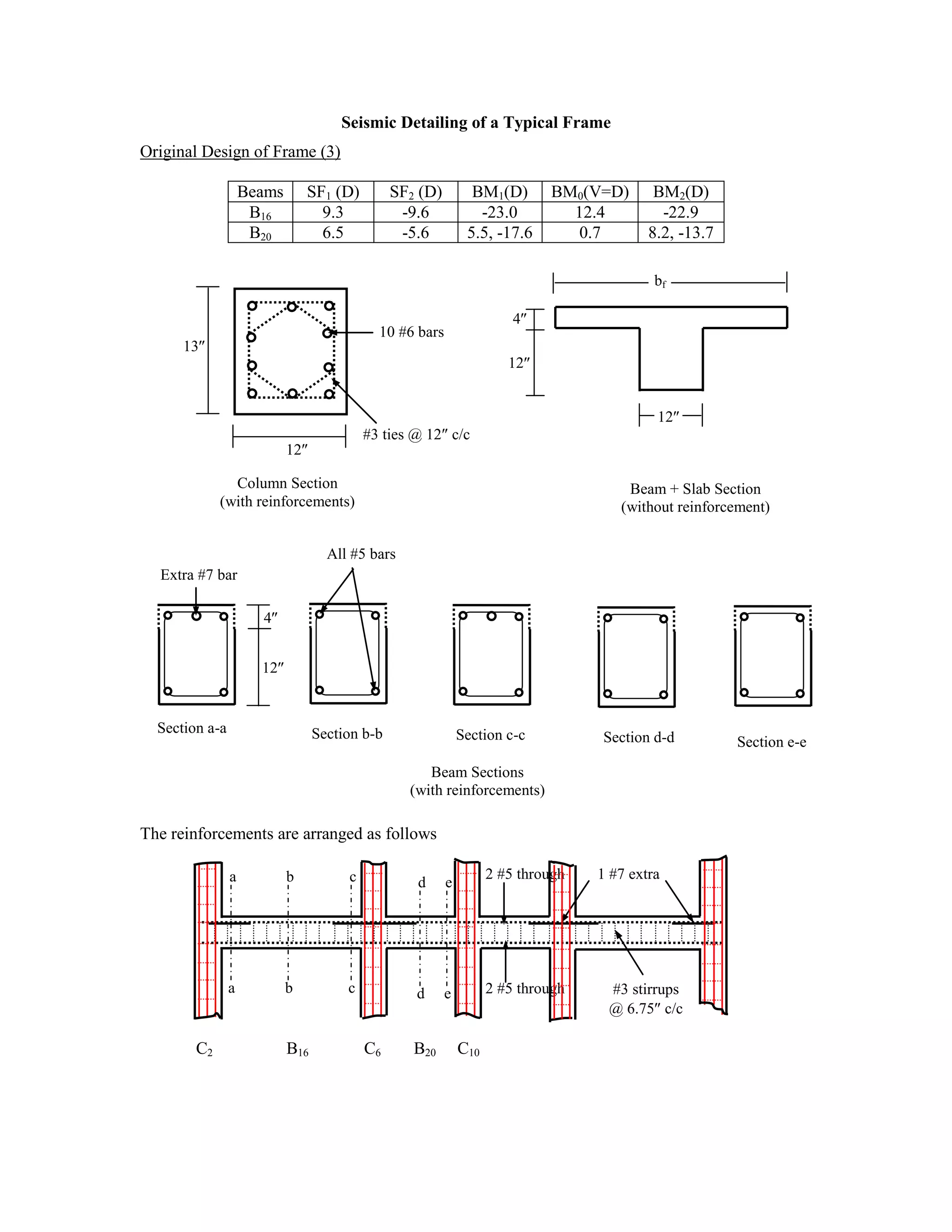 Seismic Detailing of a Typical Frame
Original Design of Frame (3)
Beams SF1 (D) SF2 (D) BM1(D) BM0(V=D) BM2(D)
B16 9.3 -9.6 -23.0 12.4 -22.9
B20 6.5 -5.6 5.5, -17.6 0.7 8.2, -13.7
The reinforcements are arranged as follows
2 #5 through 1 #7 extra
2 #5 through
C2 B16 C6 B20 C10
13
12
bf
12
4
12
10 #6 bars
#3 ties @ 12 c/c
Column Section
(with reinforcements)
Beam + Slab Section
(without reinforcement)
Beam Sections
(with reinforcements)
Section a-a Section b-b Section c-c Section d-d Section e-e
#3 stirrups
@ 6.75 c/c
e
e
c
c
a
a
b
b
d
d
12
4
All #5 bars
Extra #7 bar
 