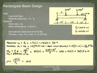 Rectangular Beam Design
Data:
Load and Span
Material properties – f’c, fy
Required:

Steel area - As

Beam dimensions – b and d



1.
2.

Estimate the dead load and find Mu
Choose (e.g. 0.5 max or 0.18f’c/fy)

University of Michigan, TCAUP
Structures II
Slide 18/26

 