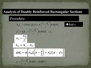 Analysis of Doubly Reinforced Rectangular Sections
Procedure:
As f y

fs

s

0.85f c 1cb
s

Es

c d
c

As

c d
c

0.003E s

c d
0.003 0.005?
c

0.003E s

fy

find c

 