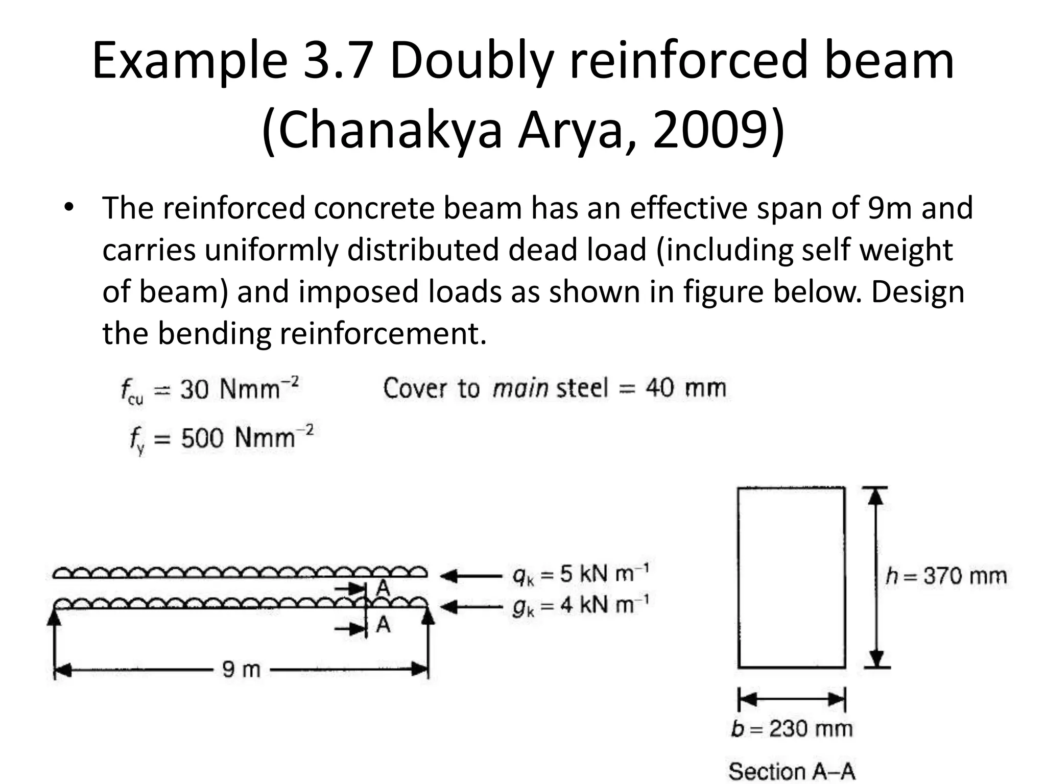 Example 3.7 Doubly reinforced beam
(Chanakya Arya, 2009)
• The reinforced concrete beam has an effective span of 9m and
carries uniformly distributed dead load (including self weight
of beam) and imposed loads as shown in figure below. Design
the bending reinforcement.
 