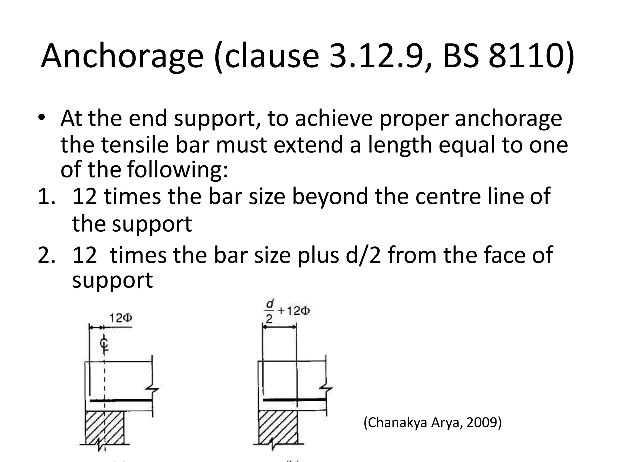 Anchorage (clause 3.12.9, BS 8110)
• At the end support, to achieve proper anchorage
the tensile bar must extend a length equal to one
of the following:
1. 12 times the bar size beyond the centre line of
the support
2. 12 times the bar size plus d/2 from the face of
support
(Chanakya Arya, 2009)
 