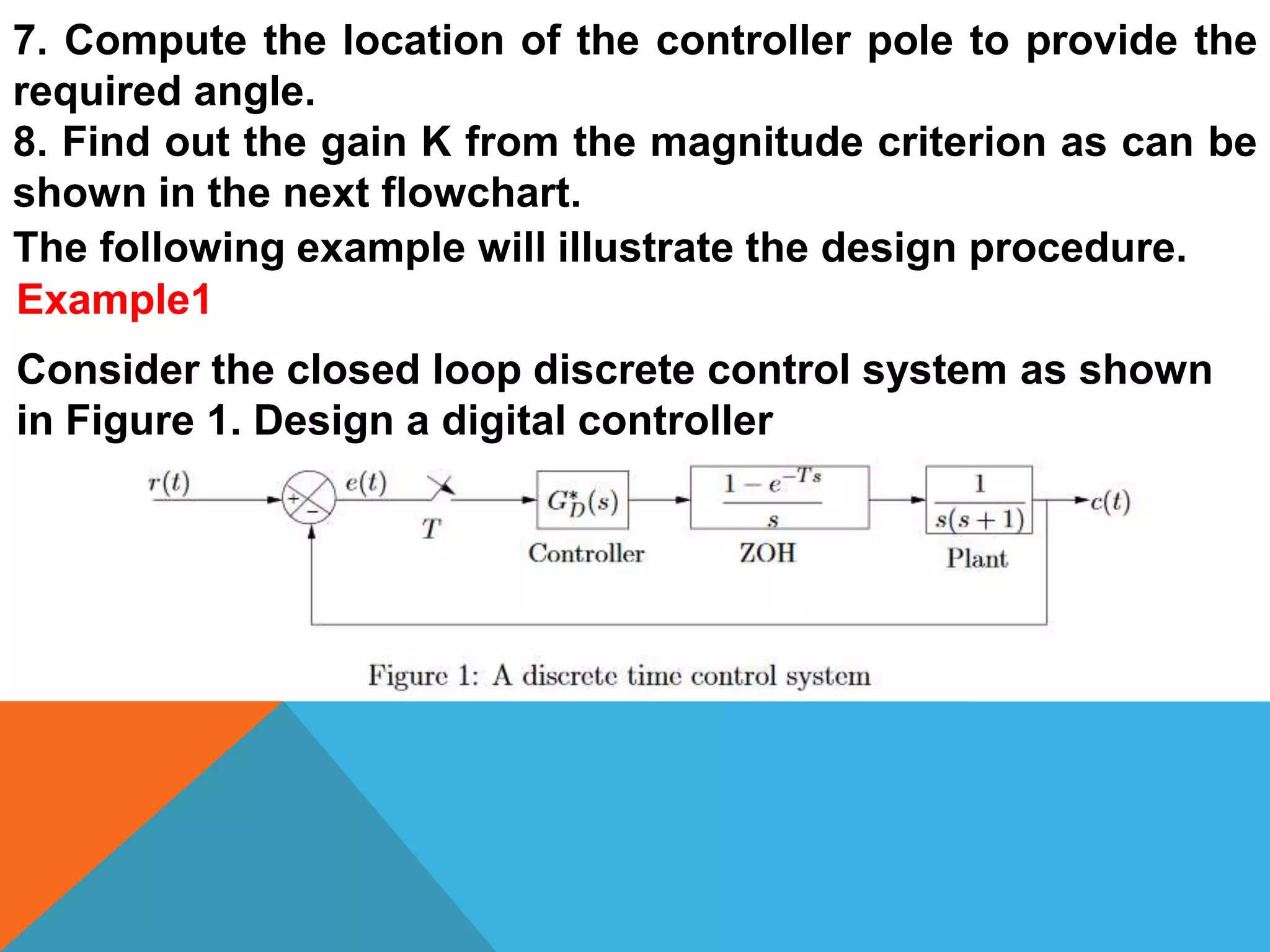 7. Compute the location of the controller pole to provide the
required angle.
8. Find out the gain K from the magnitude criterion as can be
shown in the next flowchart.
The following example will illustrate the design procedure.
Example1
Consider the closed loop discrete control system as shown
in Figure 1. Design a digital controller
 