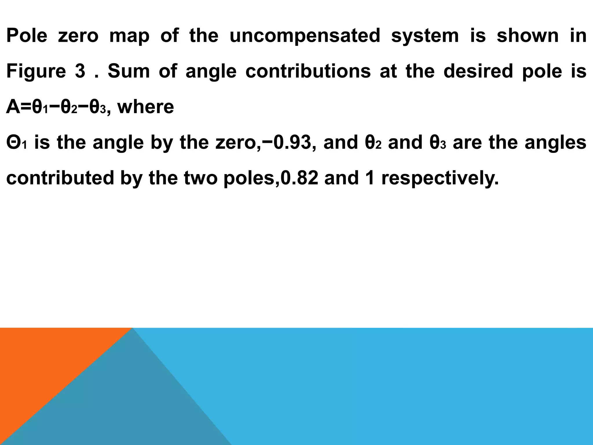 Pole zero map of the uncompensated system is shown in
Figure 3 . Sum of angle contributions at the desired pole is
A=θ1−θ2−θ3, where
Θ1 is the angle by the zero,−0.93, and θ2 and θ3 are the angles
contributed by the two poles,0.82 and 1 respectively.
 