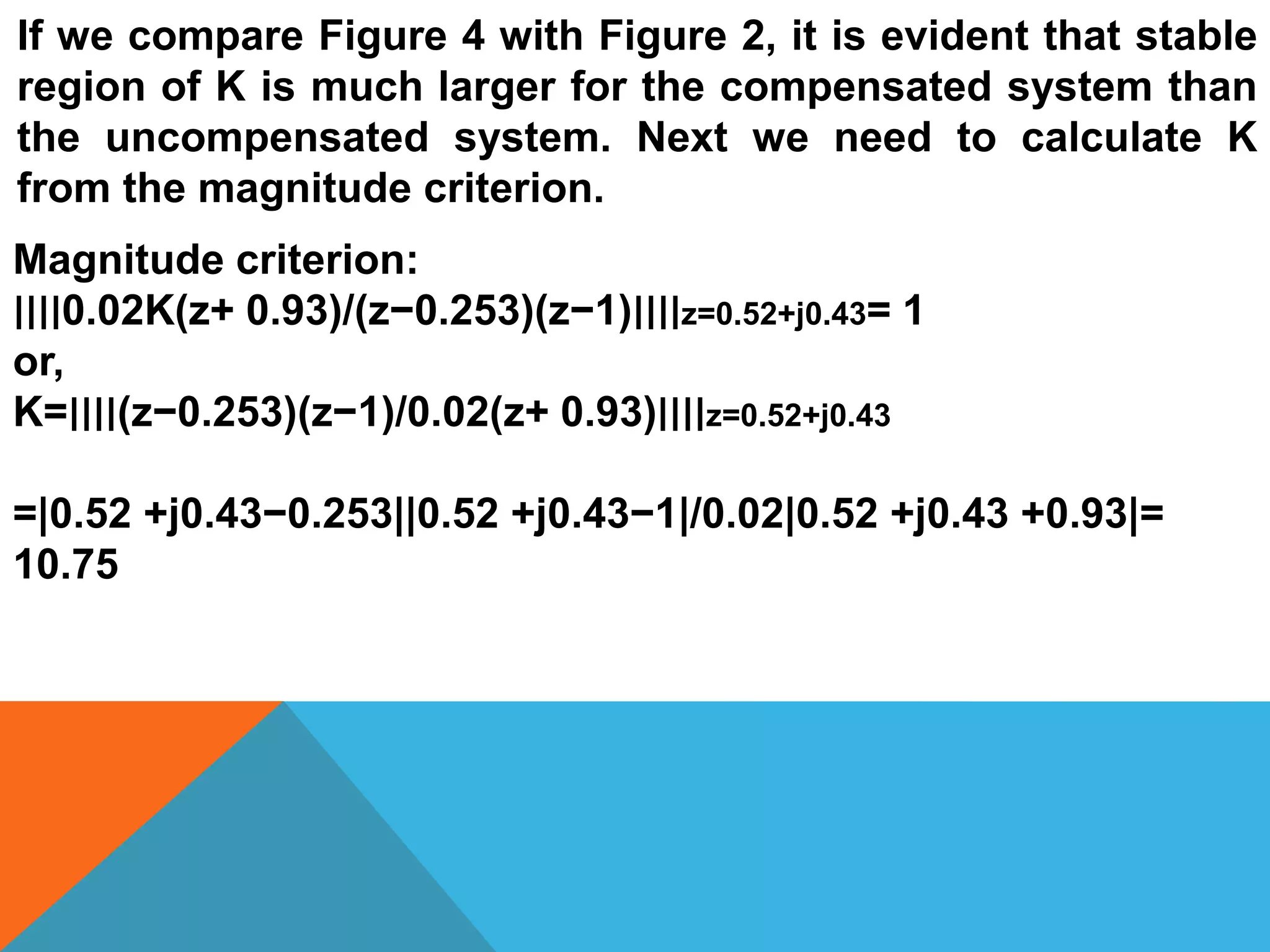 If we compare Figure 4 with Figure 2, it is evident that stable
region of K is much larger for the compensated system than
the uncompensated system. Next we need to calculate K
from the magnitude criterion.
Magnitude criterion:
∣∣∣∣0.02K(z+ 0.93)/(z−0.253)(z−1)∣∣∣∣z=0.52+j0.43= 1
or,
K=∣∣∣∣(z−0.253)(z−1)/0.02(z+ 0.93)∣∣∣∣z=0.52+j0.43
=|0.52 +j0.43−0.253||0.52 +j0.43−1|/0.02|0.52 +j0.43 +0.93|=
10.75
 