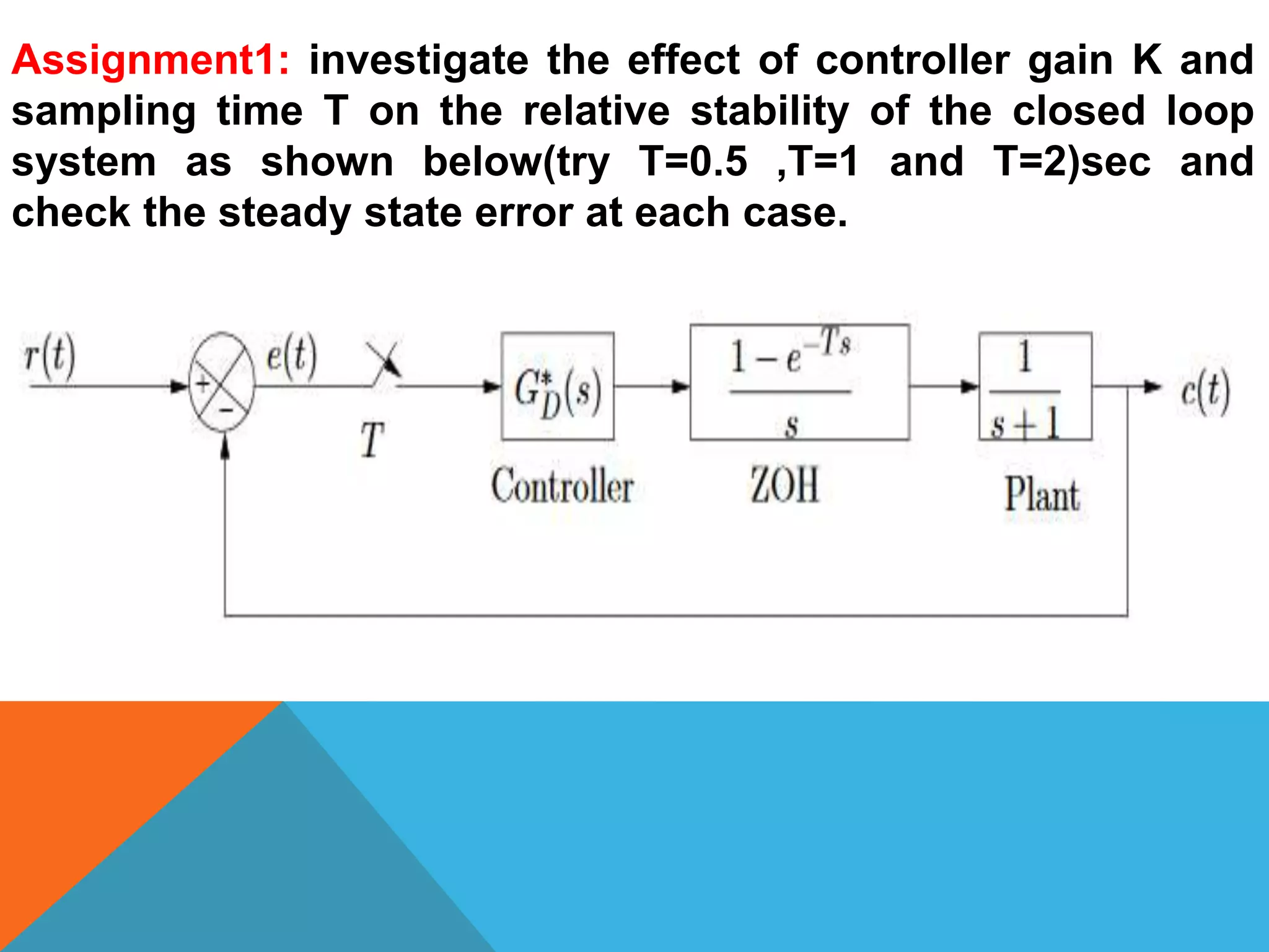 Assignment1: investigate the effect of controller gain K and
sampling time T on the relative stability of the closed loop
system as shown below(try T=0.5 ,T=1 and T=2)sec and
check the steady state error at each case.
 