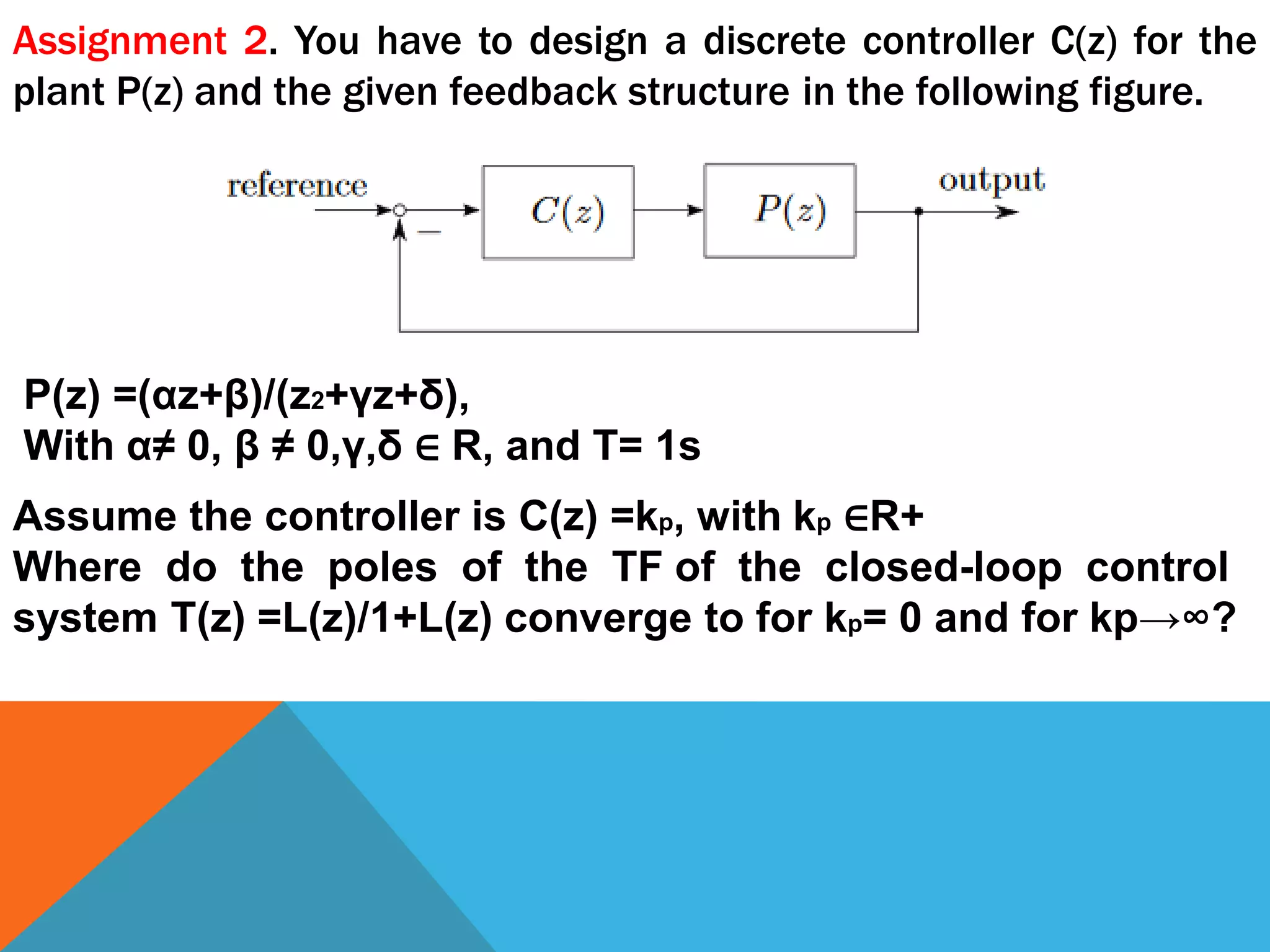 Assignment 2. You have to design a discrete controller C(z) for the
plant P(z) and the given feedback structure in the following figure.
P(z) =(αz+β)/(z2+γz+δ),
With α≠ 0, β ≠ 0,γ,δ ∈ R, and T= 1s
Assume the controller is C(z) =kp, with kp ∈R+
Where do the poles of the TF of the closed-loop control
system T(z) =L(z)/1+L(z) converge to for kp= 0 and for kp→∞?
 