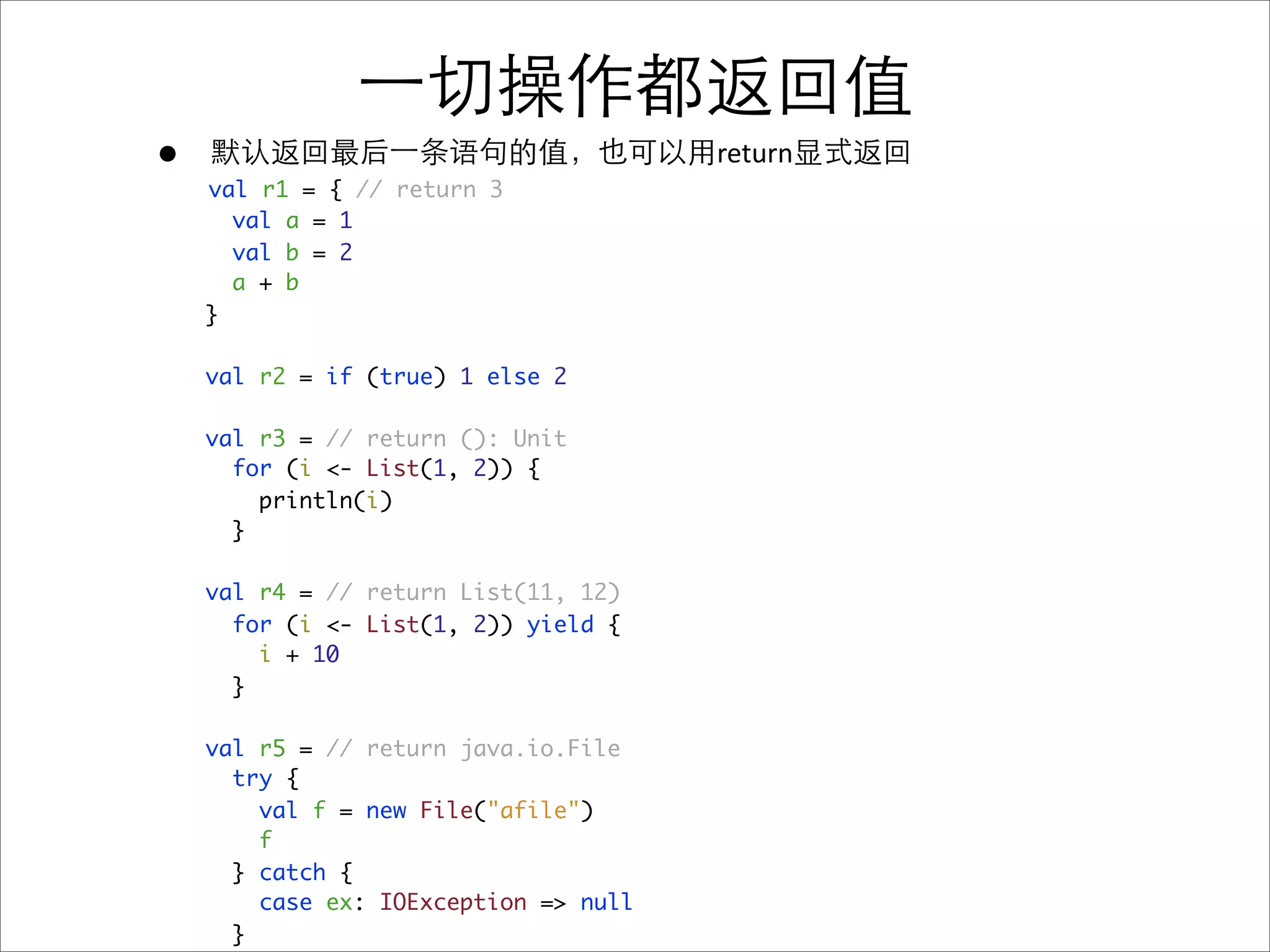 •                                      return
    val r1 = { // return 3
      val a = 1
      val b = 2
      a + b
    }

    val r2 = if (true) 1 else 2

    val r3 = // return (): Unit
      for (i <- List(1, 2)) {
        println(i)
      }

    val r4 = // return List(11, 12)
      for (i <- List(1, 2)) yield {
        i + 10
      }

    val r5 = // return java.io.File
      try {
        val f = new File("afile")
        f
      } catch {
        case ex: IOException => null
      }
 