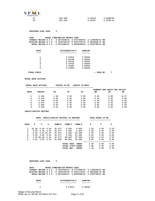 21 320.595 0.00312 0.000E+00
22 321.205 0.00311 1.372E-15
RESPONSE LOAD CASE 3
SRSS MODAL COMBINATION METHOD USED.
DYNAMIC WEIGHT X Y Z 6.387200E+01 6.575760E+02 2.118800E+01 KN
MISSING WEIGHT X Y Z -5.359512E+00 -6.929107E+01 -5.582084E-01 KN
MODAL WEIGHT X Y Z 5.851249E+01 5.882849E+02 2.062979E+01 KN
MODE ACCELERATION-G DAMPING
---- -------------- -------
1 0.27614 0.05000
2 0.26168 0.05000
3 0.23709 0.05000
4 0.18753 0.05000
5 0.10581 0.05000
6 0.10559 0.05000
STAAD SPACE -- PAGE NO. 7
MODAL BASE ACTIONS
MODAL BASE ACTIONS FORCES IN KN LENGTH IN METE
-----------------------------------------------------------
MOMENTS ARE ABOUT THE ORIGIN
MODE PERIOD FX FY FZ MX MY MZ
1 0.161 1.36 0.00 0.00 0.00 4.89 -6.17
2 0.123 0.00 0.00 0.00 0.00 0.00 0.00
3 0.106 0.00 0.00 0.00 0.00 0.00 0.00
4 0.075 0.00 0.00 0.00 0.00 0.00 0.00
5 0.032 0.00 0.00 0.00 0.00 0.00 0.00
6 0.032 0.00 0.00 0.00 0.00 0.00 0.08
PARTICIPATION FACTORS
MASS PARTICIPATION FACTORS IN PERCENT BASE SHEAR IN KN
-------------------------------------- ------------------
MODE X Y Z SUMM-X SUMM-Y SUMM-Z X Y Z
1 91.58 0.00 0.00 91.577 0.000 0.000 1.36 0.00 0.00
2 0.00 0.00 0.00 91.577 0.000 0.000 0.00 0.00 0.00
3 0.00 0.00 97.37 91.577 0.000 97.365 0.00 0.00 0.00
4 0.00 0.00 0.00 91.577 0.000 97.365 0.00 0.00 0.00
5 0.00 89.46 0.00 91.577 89.463 97.365 0.00 0.00 0.00
6 0.03 0.00 0.00 91.609 89.463 97.365 0.00 0.00 0.00
---------------------------
TOTAL SRSS SHEAR 1.36 0.00 0.00
TOTAL 10PCT SHEAR 1.36 0.00 0.00
TOTAL ABS SHEAR 1.36 0.00 0.00
RESPONSE LOAD CASE 4
SRSS MODAL COMBINATION METHOD USED.
DYNAMIC WEIGHT X Y Z 6.387200E+01 6.575760E+02 2.118800E+01 KN
MISSING WEIGHT X Y Z -5.359512E+00 -6.929107E+01 -5.582084E-01 KN
MODAL WEIGHT X Y Z 5.851249E+01 5.882849E+02 2.062979E+01 KN
MODE ACCELERATION-G DAMPING
---- -------------- -------
1 0.27614 0.05000
Design of Security Romm.
SPML doc no. SP-DC-167/168-U-107, R-0 Page 11 of 25
 