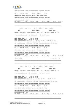 SECTION CAPACITY BASED ON REINFORCEMENT REQUIRED (KNS-MET)
----------------------------------------------------------
Puz : 713.63 Muz1 : 16.16 Muy1 : 16.16
INTERACTION RATIO: 0.07 (as per Cl. 39.6, IS456:2000)
SECTION CAPACITY BASED ON REINFORCEMENT PROVIDED (KNS-MET)
----------------------------------------------------------
WORST LOAD CASE: 202
END JOINT: 8 Puz : 805.58 Muz : 35.83 Muy : 35.83 IR: 0.67
============================================================================
============================================================================
C O L U M N N O. 12 D E S I G N R E S U L T S
M20 Fe415 (Main) Fe415 (Sec.)
LENGTH: 2600.0 mm CROSS SECTION: 250.0 mm X 250.0 mm COVER: 40.0 mm
** GUIDING LOAD CASE: 202 END JOINT: 9 SHORT COLUMN
REQD. STEEL AREA : 977.18 Sq.mm.
REQD. CONCRETE AREA: 61522.82 Sq.mm.
MAIN REINFORCEMENT : Provide 4 - 20 dia. (2.01%, 1256.64 Sq.mm.)
(Equally distributed)
TIE REINFORCEMENT : Provide 8 mm dia. rectangular ties @ 250 mm c/c
SECTION CAPACITY BASED ON REINFORCEMENT REQUIRED (KNS-MET)
----------------------------------------------------------
Puz : 857.85 Muz1 : 31.93 Muy1 : 31.93
INTERACTION RATIO: 1.00 (as per Cl. 39.6, IS456:2000)
SECTION CAPACITY BASED ON REINFORCEMENT PROVIDED (KNS-MET)
----------------------------------------------------------
WORST LOAD CASE: 202
END JOINT: 9 Puz : 942.32 Muz : 41.17 Muy : 41.17 IR: 0.77
STAAD SPACE -- PAGE NO. 21
============================================================================
============================================================================
C O L U M N N O. 15 D E S I G N R E S U L T S
M20 Fe415 (Main) Fe415 (Sec.)
LENGTH: 1500.0 mm CROSS SECTION: 250.0 mm X 250.0 mm COVER: 40.0 mm
** GUIDING LOAD CASE: 203 END JOINT: 11 SHORT COLUMN
REQD. STEEL AREA : 558.09 Sq.mm.
REQD. CONCRETE AREA: 61941.91 Sq.mm.
MAIN REINFORCEMENT : Provide 4 - 16 dia. (1.29%, 804.25 Sq.mm.)
(Equally distributed)
TIE REINFORCEMENT : Provide 8 mm dia. rectangular ties @ 250 mm c/c
SECTION CAPACITY BASED ON REINFORCEMENT REQUIRED (KNS-MET)
----------------------------------------------------------
Puz : 731.18 Muz1 : 26.44 Muy1 : 26.44
INTERACTION RATIO: 0.99 (as per Cl. 39.6, IS456:2000)
SECTION CAPACITY BASED ON REINFORCEMENT PROVIDED (KNS-MET)
----------------------------------------------------------
WORST LOAD CASE: 203
END JOINT: 11 Puz : 805.58 Muz : 35.96 Muy : 35.96 IR: 0.74
============================================================================
============================================================================
Design of Security Romm.
SPML doc no. SP-DC-167/168-U-107, R-0 Page 20 of 25
 