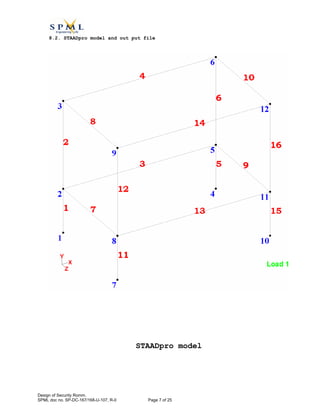 8.2. STAADpro model and out put file
STAADpro model
Design of Security Romm.
SPML doc no. SP-DC-167/168-U-107, R-0 Page 7 of 25
 