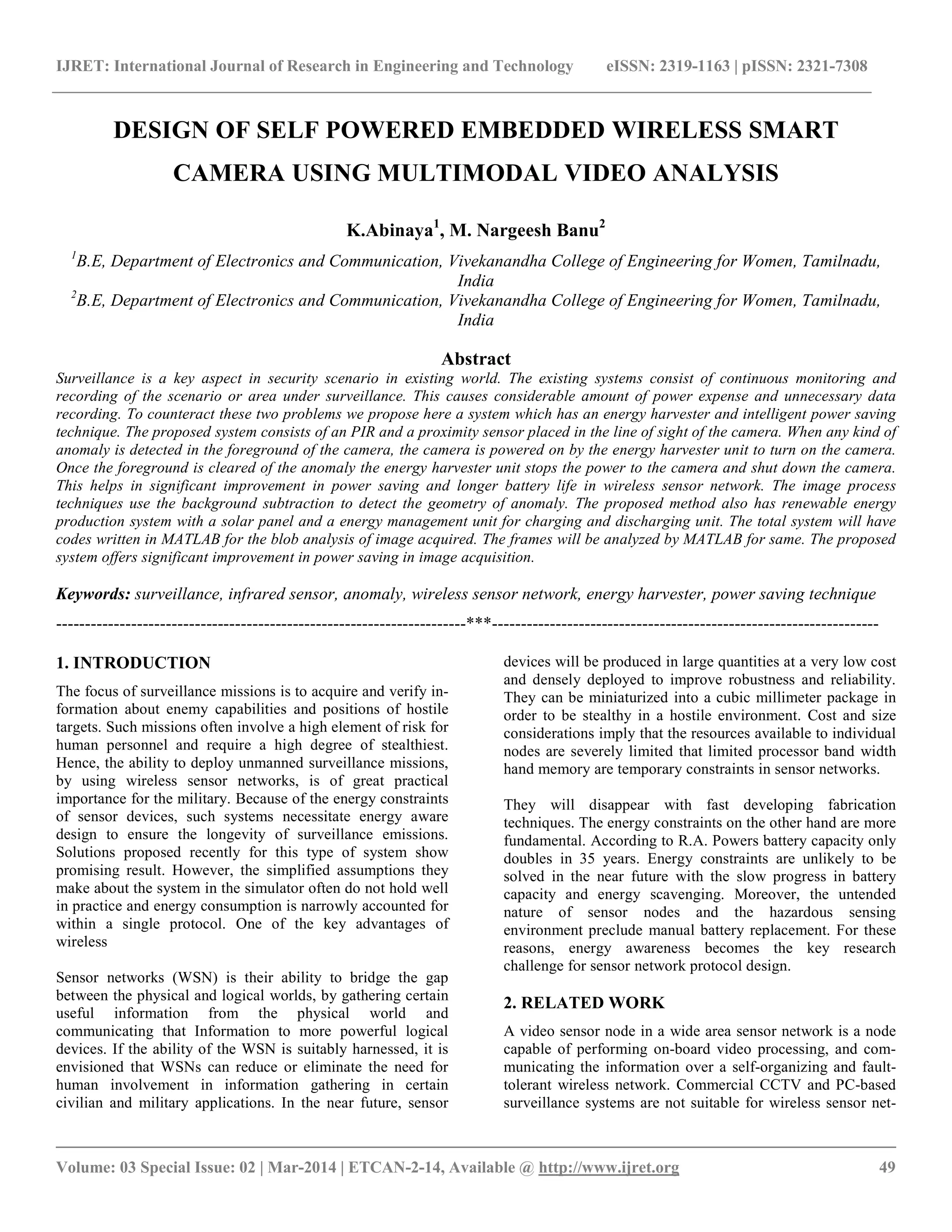 Design of self powered embedded wireless smart camera using multimodal ...