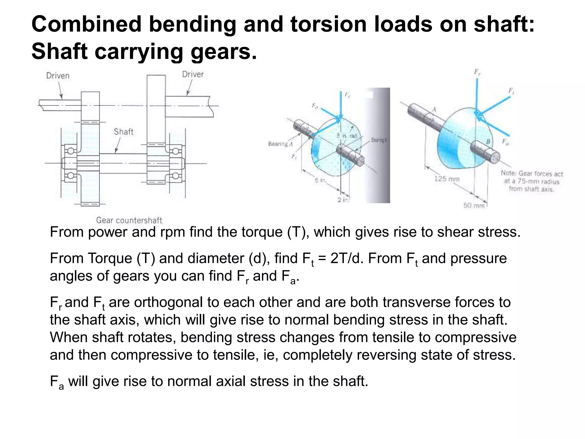Combined bending and torsion loads on shaft:
Shaft carrying gears.
From power and rpm find the torque (T), which gives rise to shear stress.
From Torque (T) and diameter (d), find Ft = 2T/d. From Ft and pressure
angles of gears you can find Fr and Fa.
Fr and Ft are orthogonal to each other and are both transverse forces to
the shaft axis, which will give rise to normal bending stress in the shaft.
When shaft rotates, bending stress changes from tensile to compressive
and then compressive to tensile, ie, completely reversing state of stress.
Fa will give rise to normal axial stress in the shaft.
 