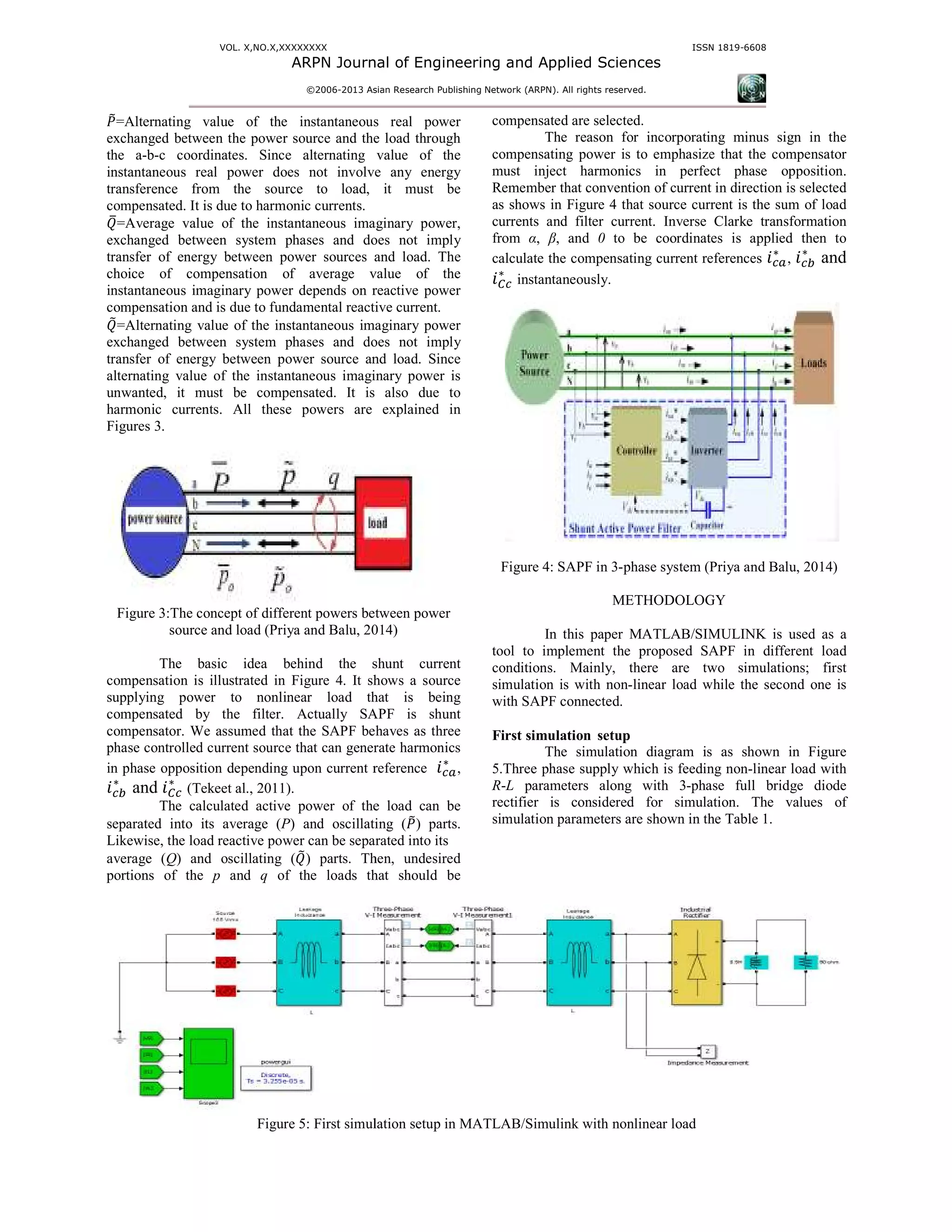 VOL. X,NO.X,XXXXXXXX
ARPN Journal of Engineering and
©2006-2013 As
ܲ෨=Alternating value of the instantaneous real power
exchanged between the power source and the load through
the a-b-c coordinates. Since alternating value of the
instantaneous real power does not involve any energy
transference from the source to load, it must be
compensated. It is due to harmonic currents.
ܳത=Average value of the instantaneous imaginary power,
exchanged between system phases and does not imply
transfer of energy between power sources and load. The
choice of compensation of average value of the
instantaneous imaginary power depends on reactive power
compensation and is due to fundamental reactive current.
ܳ෨=Alternating value of the instantaneous imaginary power
exchanged between system phases and does not imply
transfer of energy between power source and load. Since
alternating value of the instantaneous imaginary
unwanted, it must be compensated. It is also due to
harmonic currents. All these powers are explained in
Figures 3.
Figure 3:The concept of different powers between power
source and load (Priya and Balu, 2014)
The basic idea behind the shunt current
compensation is illustrated in Figure 4. It shows a source
supplying power to nonlinear load that is being
compensated by the filter. Actually SAPF
compensator. We assumed that the SAPF behaves as three
phase controlled current source that can generate harmonics
in phase opposition depending upon current reference
݅௖௕		
∗
and ݅஼௖
∗
(Tekeet al., 2011).
The calculated active power of the load can be
separated into its average (P) and oscillating (
Likewise, the load reactive power can be separated into its
average (Q) and oscillating (ܳ෨) parts. Then, undesired
portions of the p and q of the loads that should be
Figure 5: First simulation
ARPN Journal of Engineering and Applied Sciences
13 Asian Research Publishing Network (ARPN). All rights reserved.
ISSN
=Alternating value of the instantaneous real power
rce and the load through
c coordinates. Since alternating value of the
instantaneous real power does not involve any energy
transference from the source to load, it must be
taneous imaginary power,
exchanged between system phases and does not imply
transfer of energy between power sources and load. The
choice of compensation of average value of the
instantaneous imaginary power depends on reactive power
e to fundamental reactive current.
=Alternating value of the instantaneous imaginary power
exchanged between system phases and does not imply
transfer of energy between power source and load. Since
alternating value of the instantaneous imaginary power is
unwanted, it must be compensated. It is also due to
harmonic currents. All these powers are explained in
concept of different powers between power
2014)
c idea behind the shunt current
. It shows a source
hat is being
APF is shunt
APF behaves as three
erate harmonics
in phase opposition depending upon current reference ݅௖௔
∗
,
of the load can be
) and oscillating (ܲ෨) parts.
can be separated into its
Then, undesired
of the loads that should be
compensated are selected.
The reason for incorporating minus sign in the
compensating power is to emphasize that the compensator
must inject harmonics in perfect phase opposition
Remember that convention of current in direction is selected
as shows in Figure 4 that source current is the sum of load
currents and filter current. Inverse Clarke transformation
from α, β, and 0 to be coordinates
calculate the compensating current references
݅஼௖
∗
instantaneously.
Figure 4: SAPF in 3-phase system (Priya
METHODOLOGY
In this paper MATLAB/SIMULINK is used
tool to implement the proposed SAPF
conditions. Mainly, there are two
simulation is with non-linear load while the
with SAPF connected.
First simulation setup
The simulation diagram is
5.Three phase supply which is feeding non
R-L parameters along with 3-phase
rectifier is considered for simulation
simulation parameters are shown in the
imulation setup in MATLAB/Simulink with nonlinear load
ISSN 1819-6608
The reason for incorporating minus sign in the
e that the compensator
must inject harmonics in perfect phase opposition.
emember that convention of current in direction is selected
that source current is the sum of load
verse Clarke transformation
to be coordinates is applied then to
current references ݅௖௔
∗
, ݅௖௕		
∗
and
Priya and Balu, 2014)
METHODOLOGY
this paper MATLAB/SIMULINK is used as a
to implement the proposed SAPF in different load
here are two simulations; first
while the second one is
simulation diagram is as shown in Figure
which is feeding non-linear load with
ase full bridge diode
is considered for simulation. The values of
simulation parameters are shown in the Table 1.
 