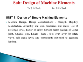 UNIT 1: Design of Simple Machine Elements
 Machine Design, Design considerations - Strength, Rigidity,
Manufacture, Assembly and Cost, Standards and codes, Use of
preferred series, Factor of safety, Service factor. Design of Cotter
joint, Knuckle joint, Levers - hand / foot lever, lever for safety
valve, bell crank lever, and components subjected to eccentric
loading.
 