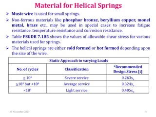 Material for Helical Springs
 Music wire is used for small springs.
 Non-ferrous materials like phosphor bronze, beryllium copper, monel
metal, brass etc., may be used in special cases to increase fatigue
resistance, temperature resistance and corrosion resistance.
 Table PSGDB 7.105 shows the values of allowable shear stress for various
materials used for springs.
 The helical springs are either cold formed or hot formed depending upon
the size of the wire.
30 November 2023 5
Static Approach to varying Loads
No. of cycles Classification
*Recommended
Design Stress [t]
> 106 Severe service 0.263su
>104 but <106 Average service 0.324su
<104 Light service 0.405su
 