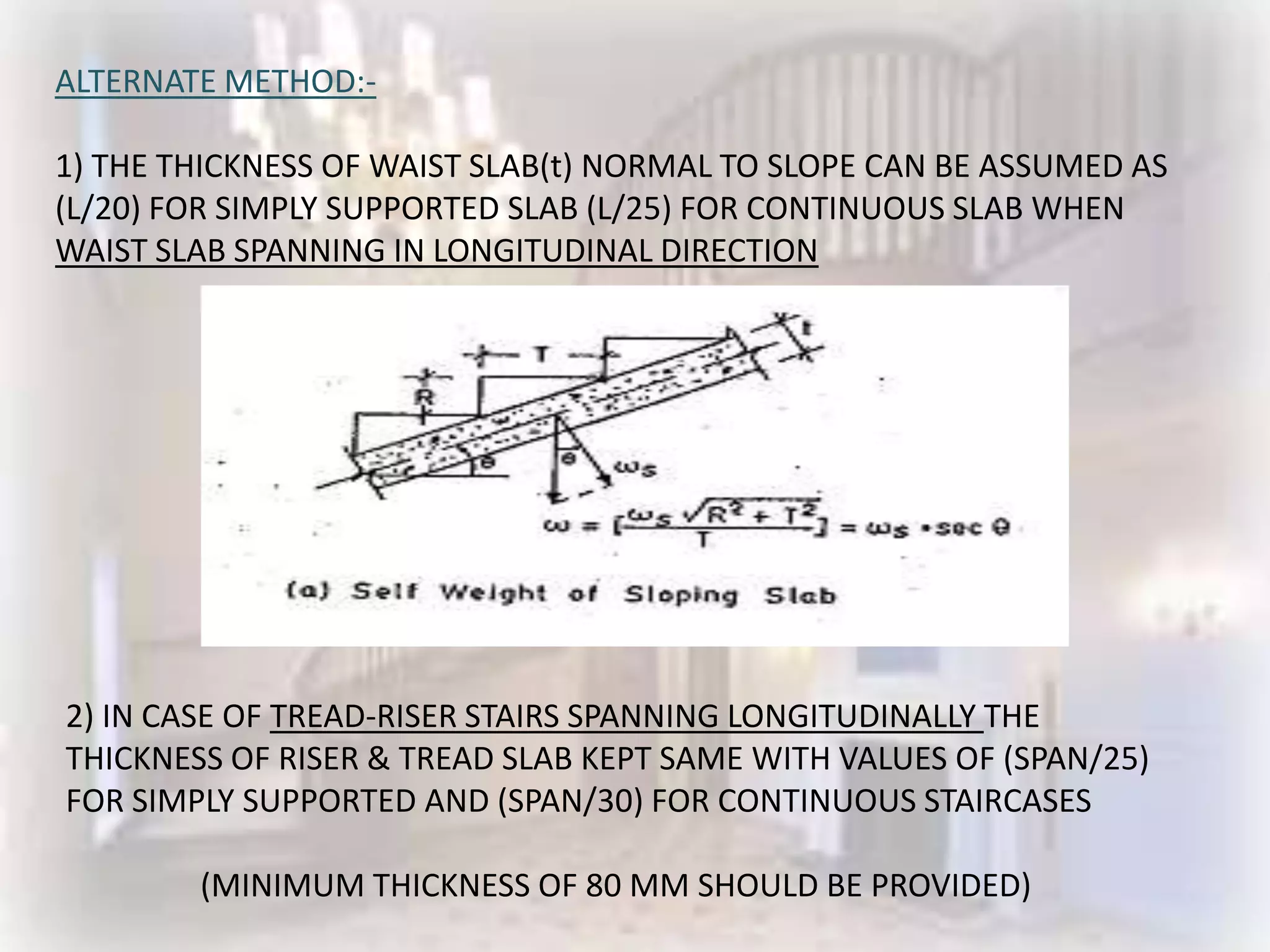 ALTERNATE METHOD:-

1) THE THICKNESS OF WAIST SLAB(t) NORMAL TO SLOPE CAN BE ASSUMED AS
(L/20) FOR SIMPLY SUPPORTED SLAB (L/25) FOR CONTINUOUS SLAB WHEN
WAIST SLAB SPANNING IN LONGITUDINAL DIRECTION




2) IN CASE OF TREAD-RISER STAIRS SPANNING LONGITUDINALLY THE
THICKNESS OF RISER & TREAD SLAB KEPT SAME WITH VALUES OF (SPAN/25)
FOR SIMPLY SUPPORTED AND (SPAN/30) FOR CONTINUOUS STAIRCASES

        (MINIMUM THICKNESS OF 80 MM SHOULD BE PROVIDED)
 