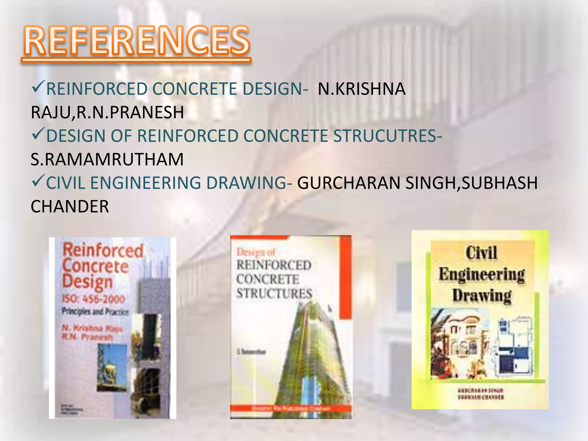 REINFORCED CONCRETE DESIGN- N.KRISHNA
RAJU,R.N.PRANESH
DESIGN OF REINFORCED CONCRETE STRUCUTRES-
S.RAMAMRUTHAM
CIVIL ENGINEERING DRAWING- GURCHARAN SINGH,SUBHASH
CHANDER
 