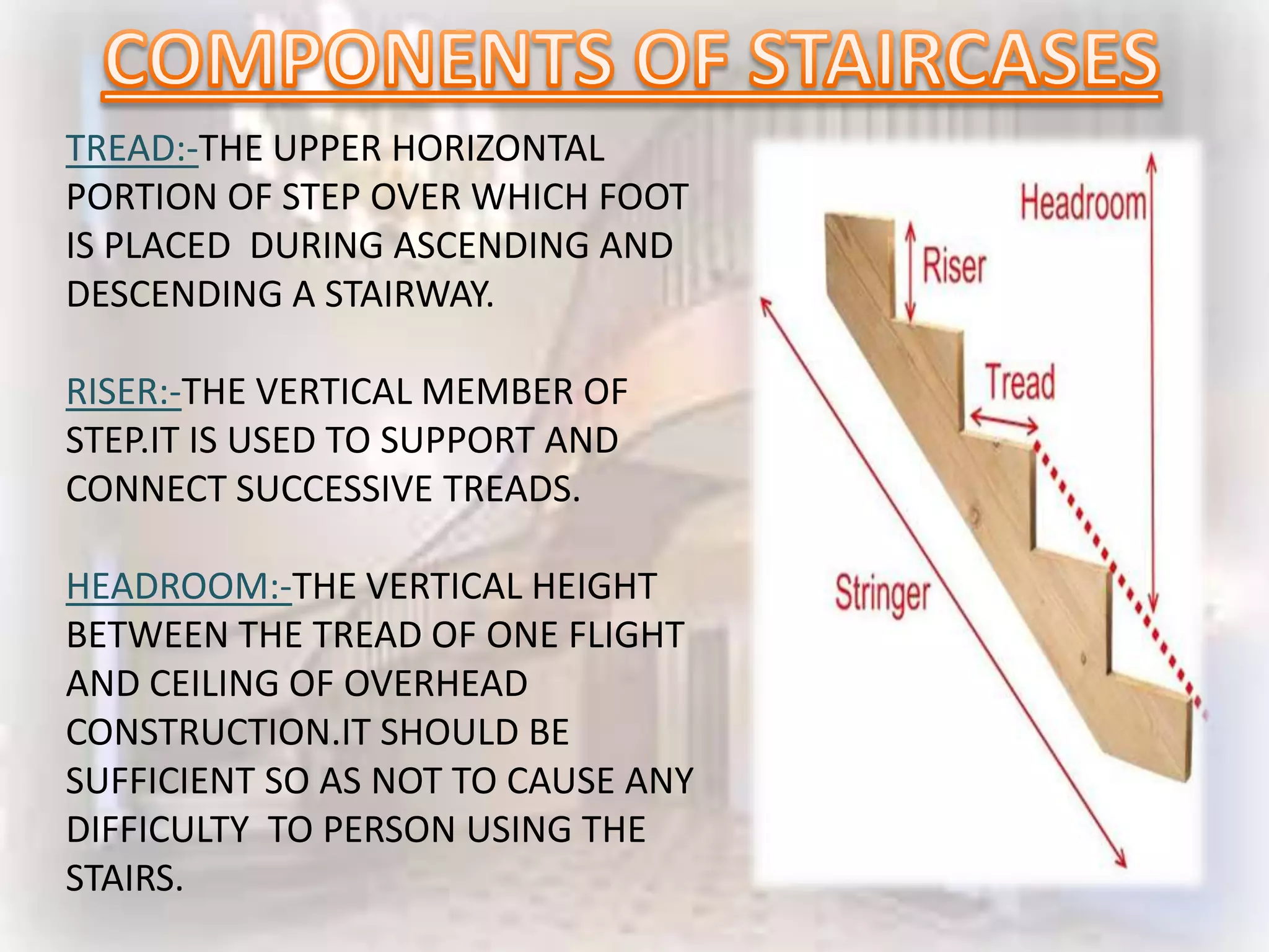 TREAD:-THE UPPER HORIZONTAL
PORTION OF STEP OVER WHICH FOOT
IS PLACED DURING ASCENDING AND
DESCENDING A STAIRWAY.

RISER:-THE VERTICAL MEMBER OF
STEP.IT IS USED TO SUPPORT AND
CONNECT SUCCESSIVE TREADS.

HEADROOM:-THE VERTICAL HEIGHT
BETWEEN THE TREAD OF ONE FLIGHT
AND CEILING OF OVERHEAD
CONSTRUCTION.IT SHOULD BE
SUFFICIENT SO AS NOT TO CAUSE ANY
DIFFICULTY TO PERSON USING THE
STAIRS.
 