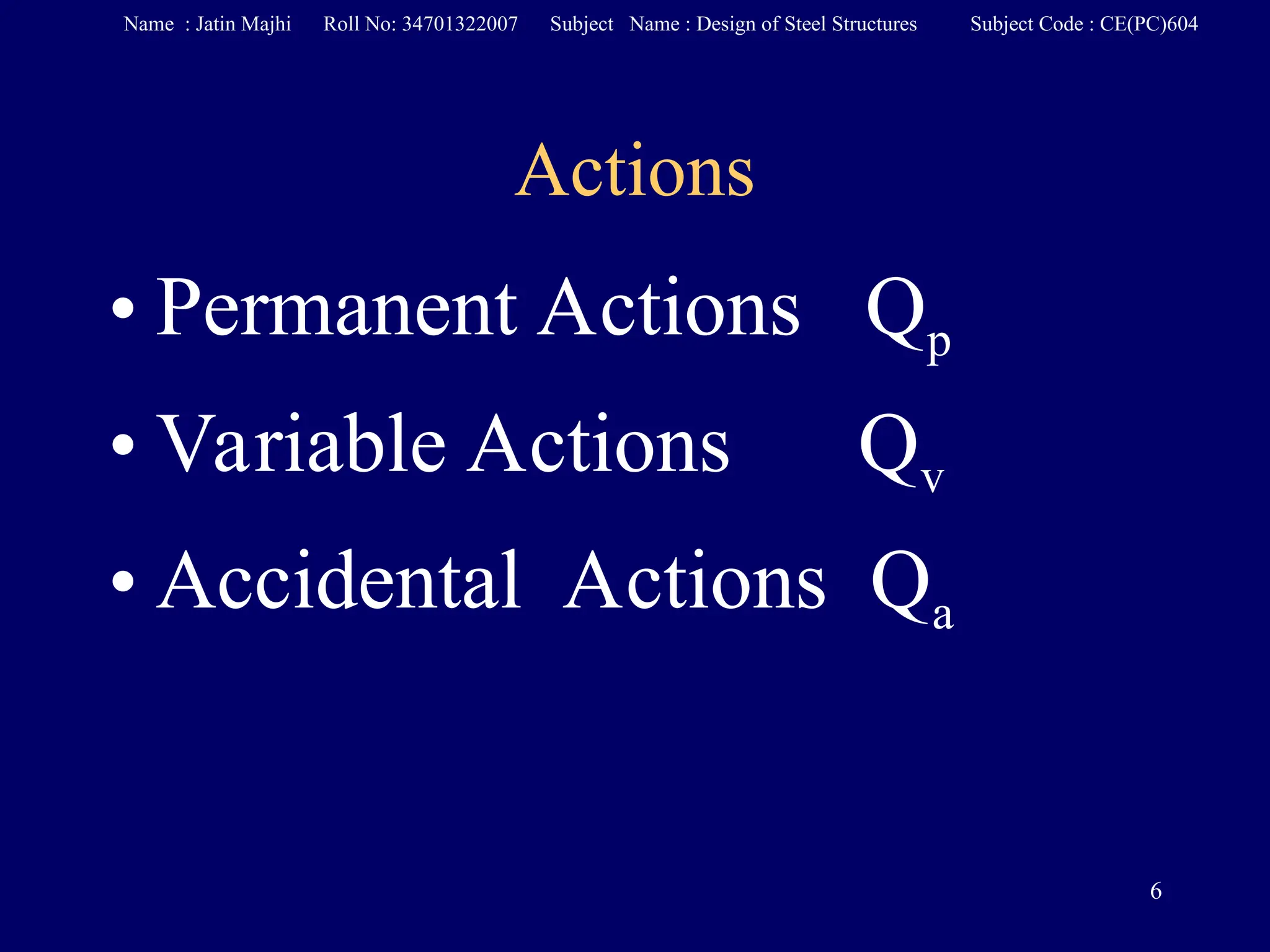 Actions
• Permanent Actions Qp
• Variable Actions Qv
• Accidental Actions Qa
6
Name : Jatin Majhi Roll No: 34701322007 Subject Name : Design of Steel Structures Subject Code : CE(PC)604
 