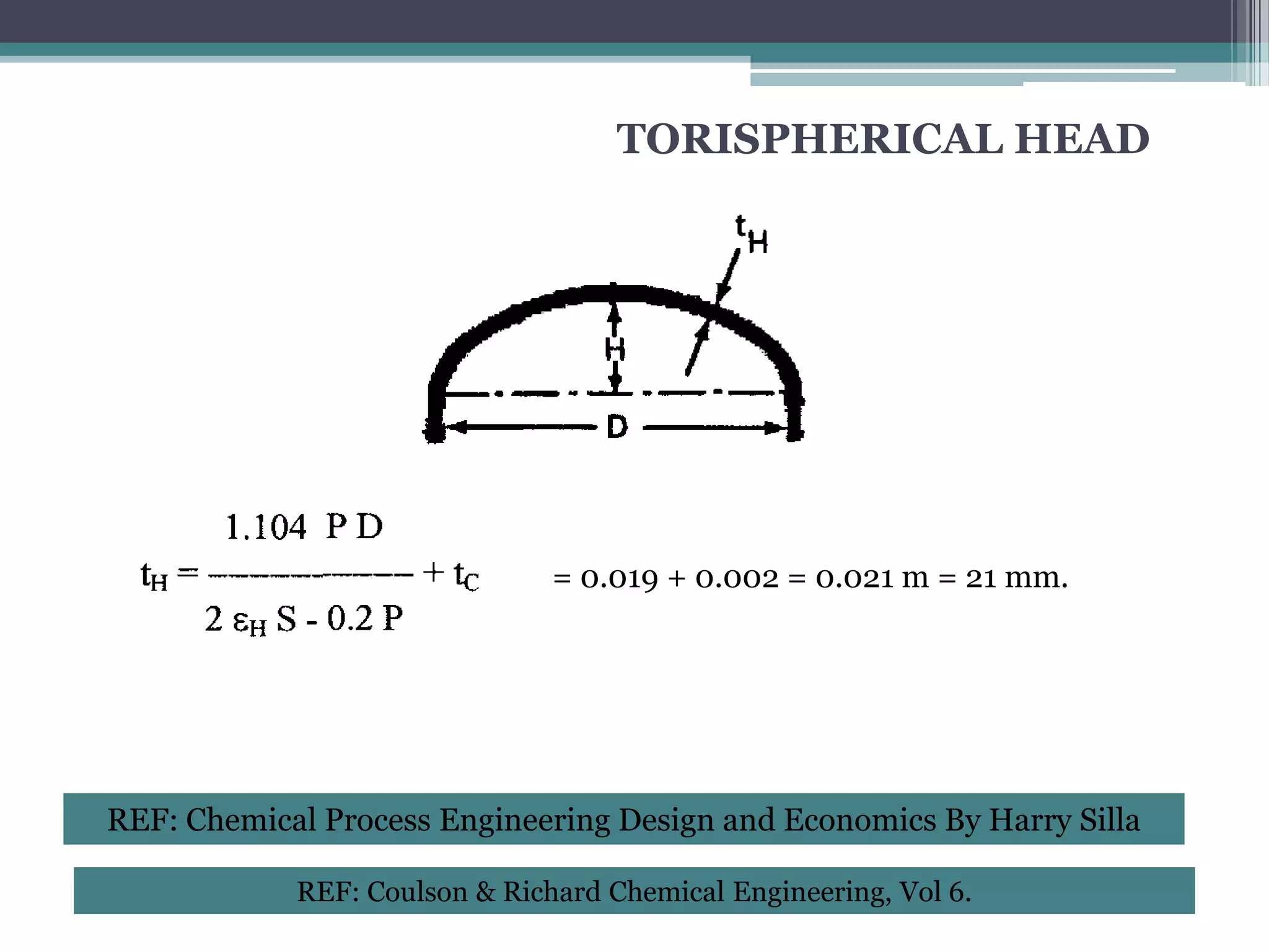 TORISPHERICAL HEAD




                               = 0.019 + 0.002 = 0.021 m = 21 mm.




REF: Chemical Process Engineering Design and Economics By Harry Silla

            REF: Coulson & Richard Chemical Engineering, Vol 6.
 