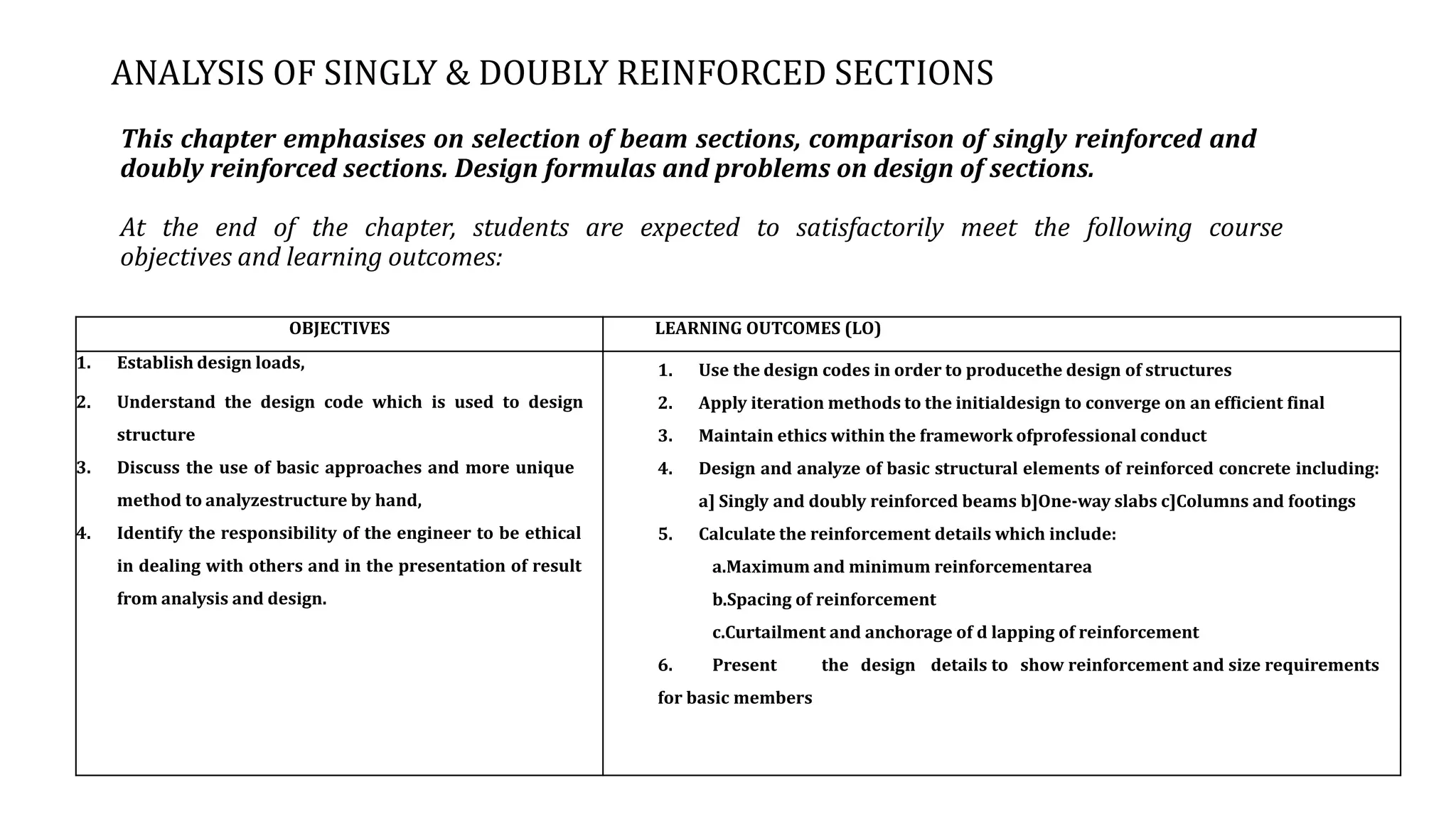 ANALYSIS OF SINGLY & DOUBLY REINFORCED SECTIONS
This chapter emphasises on selection of beam sections, comparison of singly reinforced and
doubly reinforced sections. Design formulas and problems on design of sections.
At the end of the chapter, students are expected to satisfactorily meet the following course
objectives and learning outcomes:
OBJECTIVES LEARNING OUTCOMES (LO)
1. Establish design loads,
2. Understand the design code which is used to design
structure
3. Discuss the use of basic approaches and more unique
method to analyzestructure by hand,
4. Identify the responsibility of the engineer to be ethical
in dealing with others and in the presentation of result
from analysis and design.
1. Use the design codes in order to producethe design of structures
2. Apply iteration methods to the initialdesign to converge on an efficient final
3. Maintain ethics within the framework ofprofessional conduct
4. Design and analyze of basic structural elements of reinforced concrete including:
a] Singly and doubly reinforced beams b]One-way slabs c]Columns and footings
5. Calculate the reinforcement details which include:
a.Maximum and minimum reinforcementarea
b.Spacing of reinforcement
c.Curtailment and anchorage of d lapping of reinforcement
6. Present the design details to show reinforcement and size requirements
for basic members
 