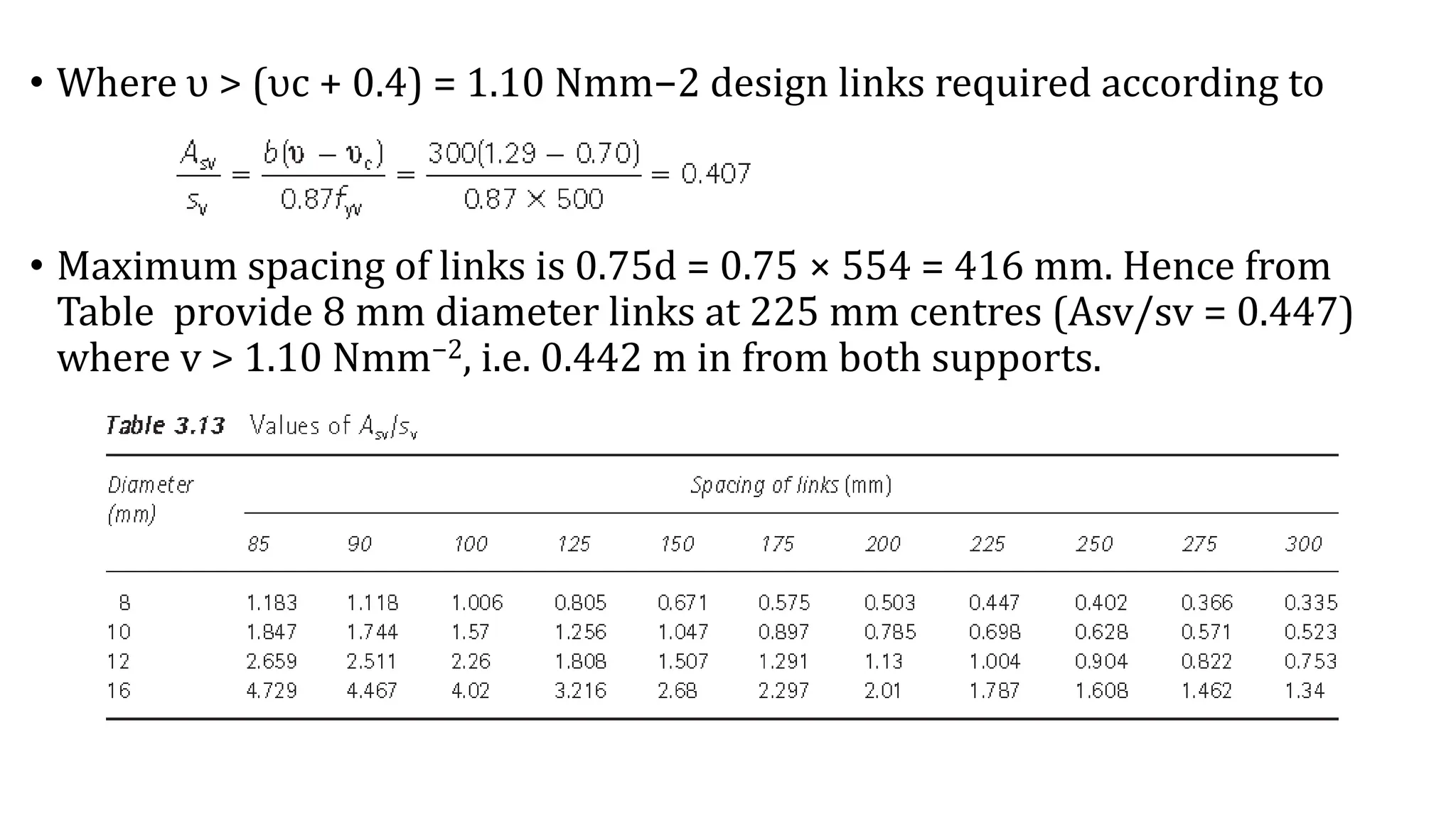 • Where υ > (υc + 0.4) = 1.10 Nmm−2 design links required according to
• Maximum spacing of links is 0.75d = 0.75 × 554 = 416 mm. Hence from
Table provide 8 mm diameter links at 225 mm centres (Asv/sv = 0.447)
where v > 1.10 Nmm−2, i.e. 0.442 m in from both supports.
 