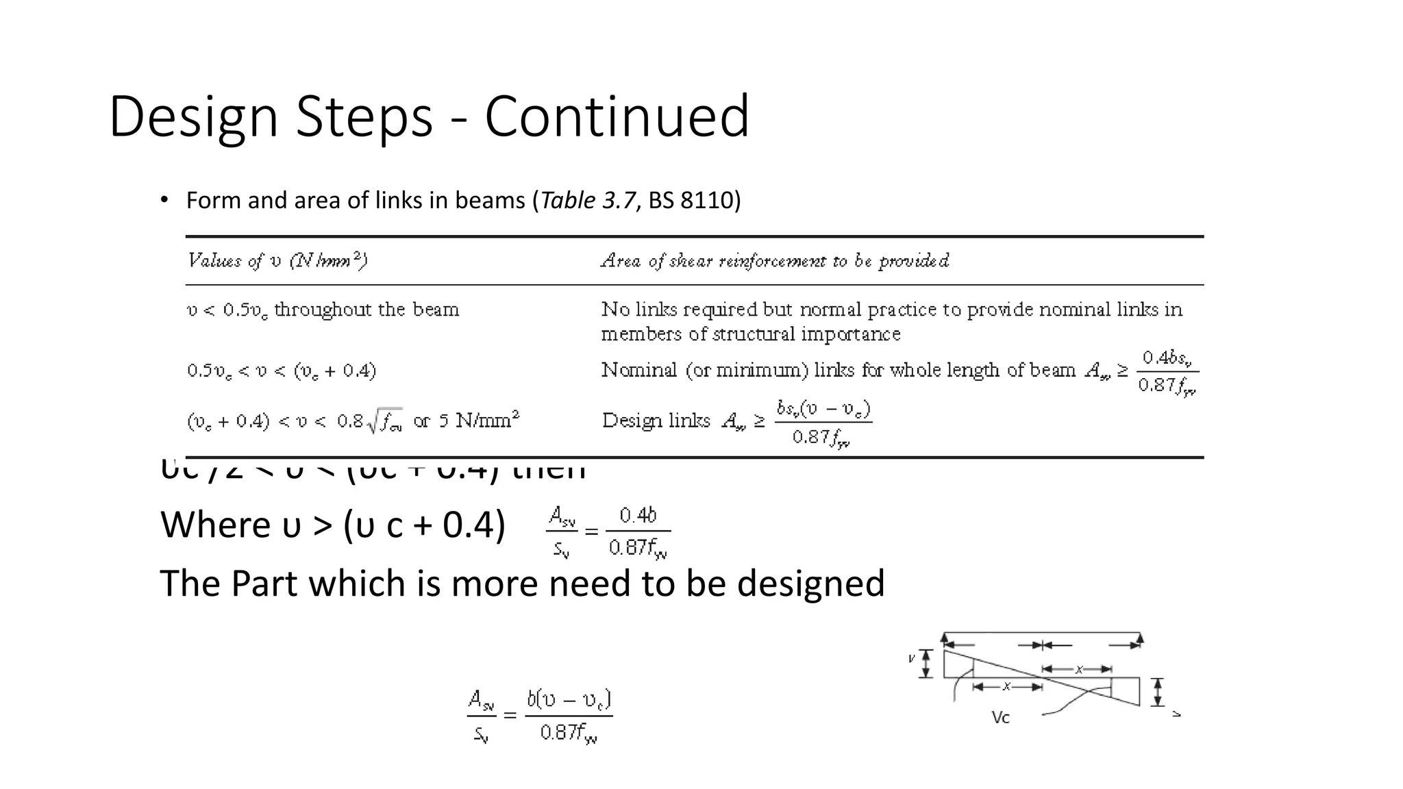 Design Steps - Continued
• Form and area of links in beams (Table 3.7, BS 8110)
υc /2 < υ < (υc + 0.4) then
Where υ > (υ c + 0.4)
The Part which is more need to be designed
 