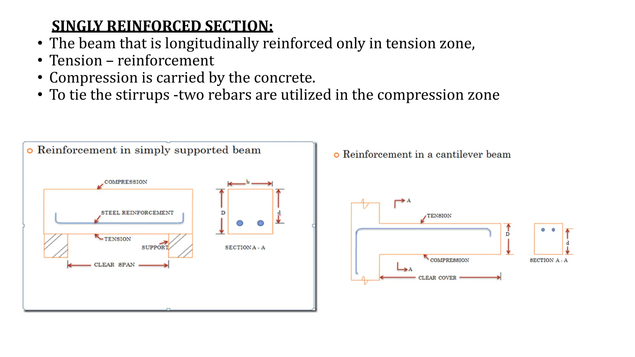 SINGLY REINFORCED SECTION:
• The beam that is longitudinally reinforced only in tension zone,
• Tension – reinforcement
• Compression is carried by the concrete.
• To tie the stirrups -two rebars are utilized in the compression zone
 