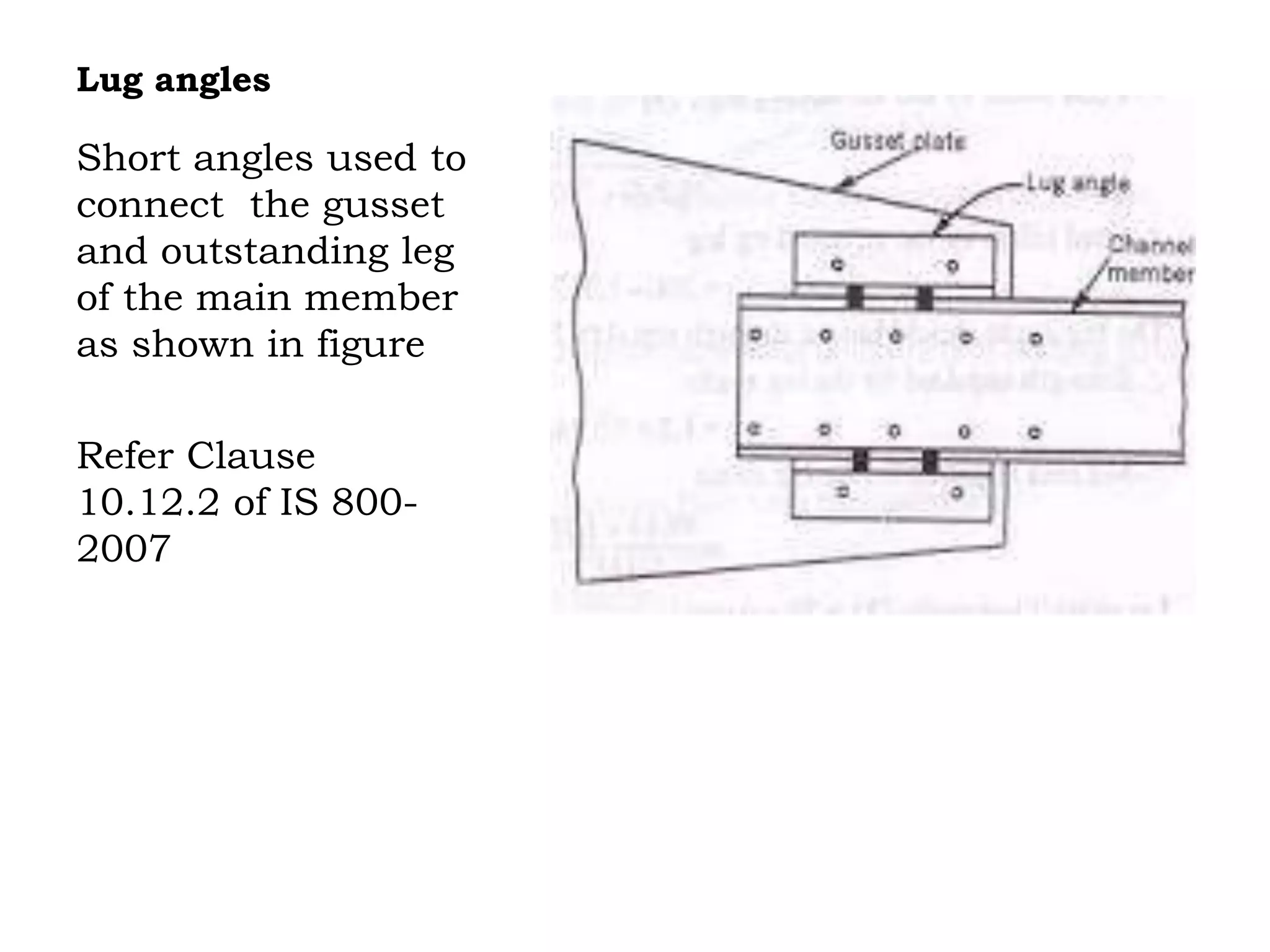 Lug angles
Short angles used to
connect the gusset
and outstanding leg
of the main member
as shown in figure
Refer Clause
10.12.2 of IS 800-
2007