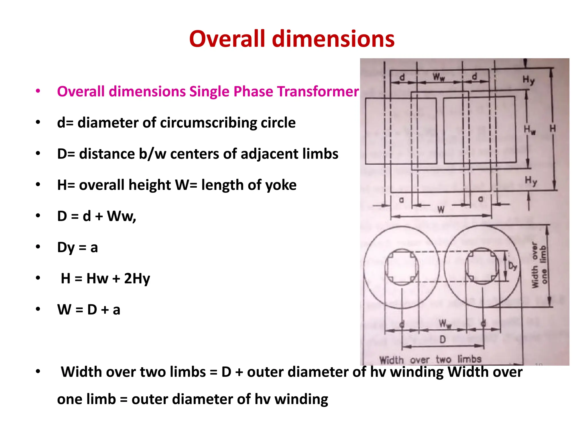 Overall dimensions
• Overall dimensions Single Phase Transformer
• d= diameter of circumscribing circle
• D= distance b/w centers of adjacent limbs
• H= overall height W= length of yoke
• D = d + Ww,
• Dy = a
• H = Hw + 2Hy
• W = D + a
• Width over two limbs = D + outer diameter of hv winding Width over
one limb = outer diameter of hv winding
 