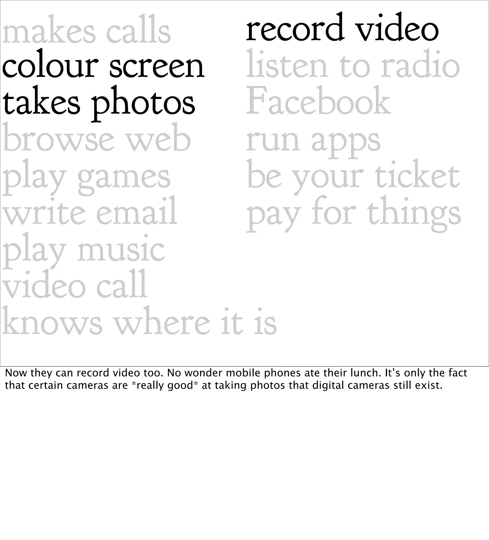 makes calls   record video
colour screen listen to radio
takes photos Facebook
browse web run apps
play games    be your ticket
write email   pay for things
play music
video call
knows where it is
Now they can record video too. No wonder mobile phones ate their lunch. It’s only the fact
that certain cameras are *really good* at taking photos that digital cameras still exist.
 