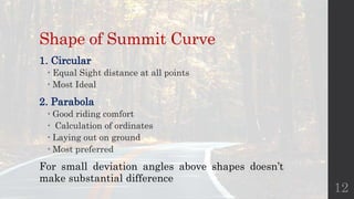 Shape of Summit Curve
1. Circular
 Equal Sight distance at all points
 Most Ideal
2. Parabola
 Good riding comfort
 Calculation of ordinates
 Laying out on ground
 Most preferred
For small deviation angles above shapes doesn’t
make substantial difference
12
 