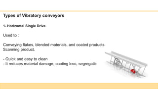 Types of Vibratory conveyors
1- Horizontal Single Drive.
Used to :
Conveying flakes, blended materials, and coated products
Scanning product.
- Quick and easy to clean
- It reduces material damage, coating loss, segregation, and stratification
 