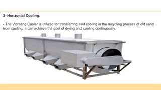 2- Horizontal Cooling.
- The Vibrating Cooler is utilized for transferring and cooling in the recycling process of old sand
from casting. It can achieve the goal of drying and cooling continuously.
 