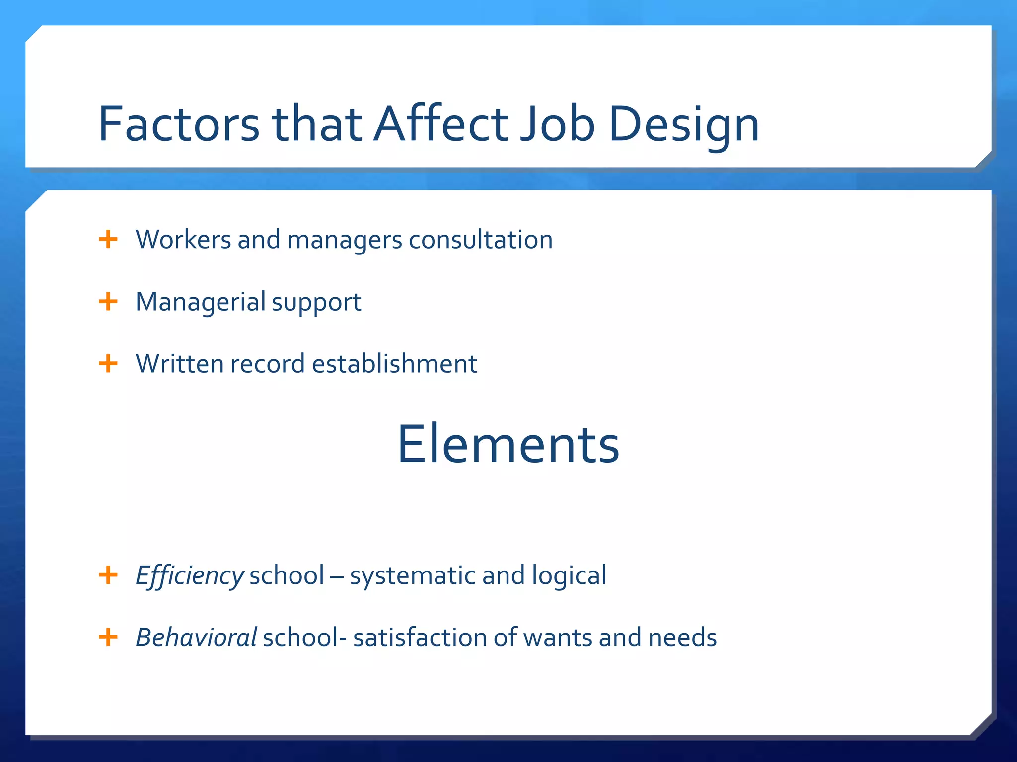 Factors that Affect Job Design

 Workers and managers consultation

 Managerial support

 Written record establishment


                         Elements

 Efficiency school – systematic and logical

 Behavioral school- satisfaction of wants and needs
 