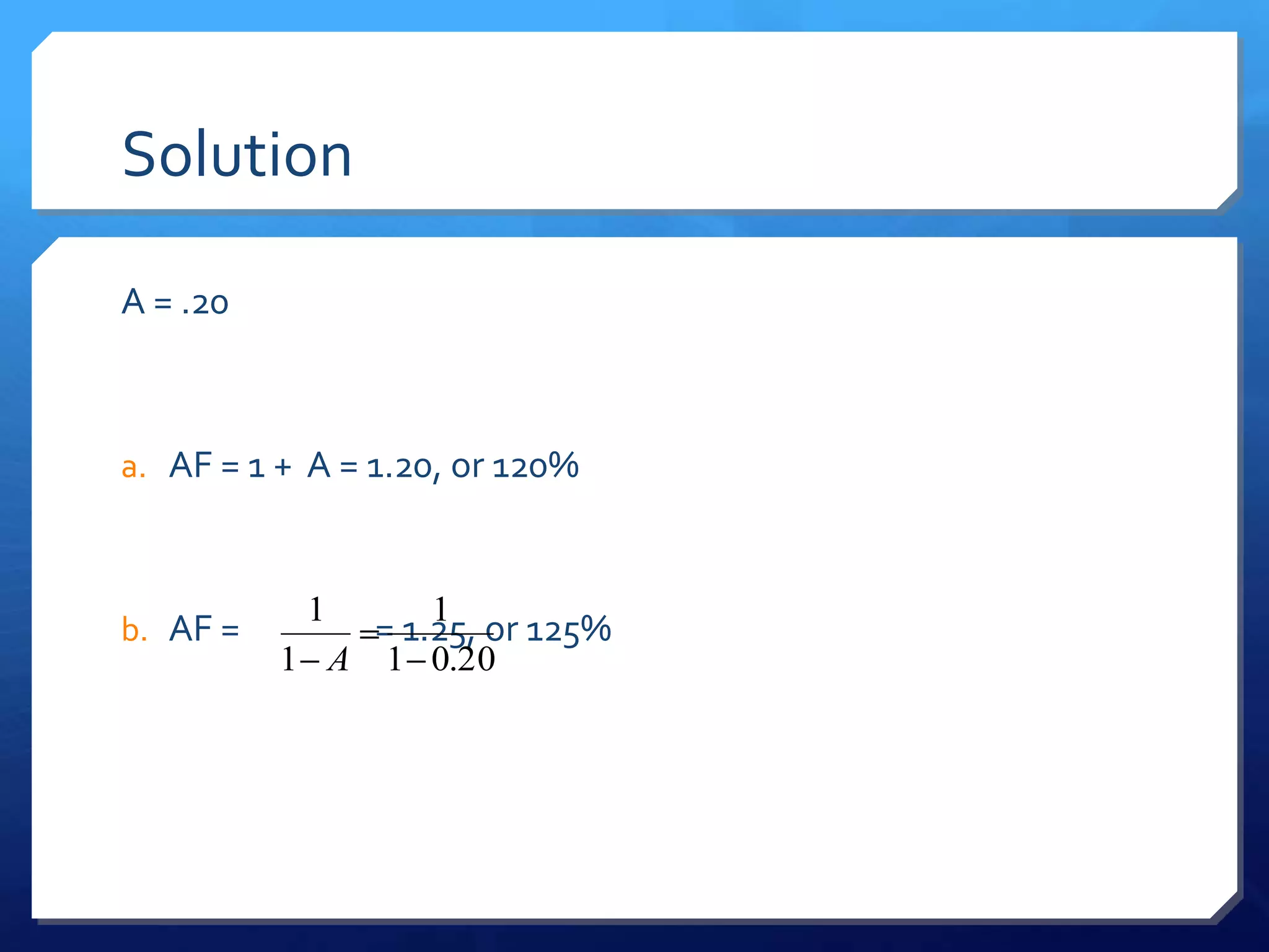 Solution

A = .20



a. AF = 1 + A = 1.20, or 120%



           1      1
b. AF =         = 1.25, or 125%
          1 A   1 0.20
 