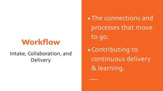Workflow
Intake, Collaboration, and
Delivery
•The connections and
processes that move
to go.
•Contributing to
continuous delivery
& learning.
 