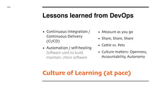 Lessons learned from DevOps
• Continuous Integration / 
Continuous Delivery  
(CI/CD)
• Automation / self-healing 
Software used to build,
maintain, check software
• Measure as you go
• Share, Share, Share
• Cattle vs. Pets
• Culture matters: Openness,
Accountability, Autonomy
Culture of Learning (at pace)
 