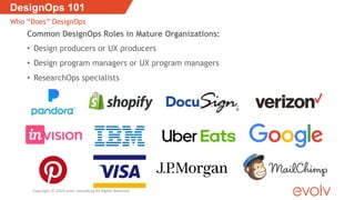 Common DesignOps Roles in Mature Organizations:
• Design producers or UX producers
• Design program managers or UX program managers
• ResearchOps specialists
DesignOps 101
Who “Does” DesignOps
Copyright © 2019 evolv consulting All Rights Reserved
 
