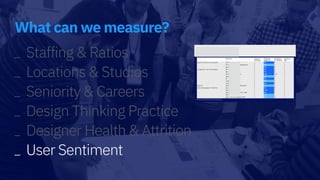 What can we measure?
_ Staffing & Ratios
_ Locations & Studios
_ Seniority & Careers
_ Design Thinking Practice
_ Designer Health & Attrition
_ User Sentiment
 