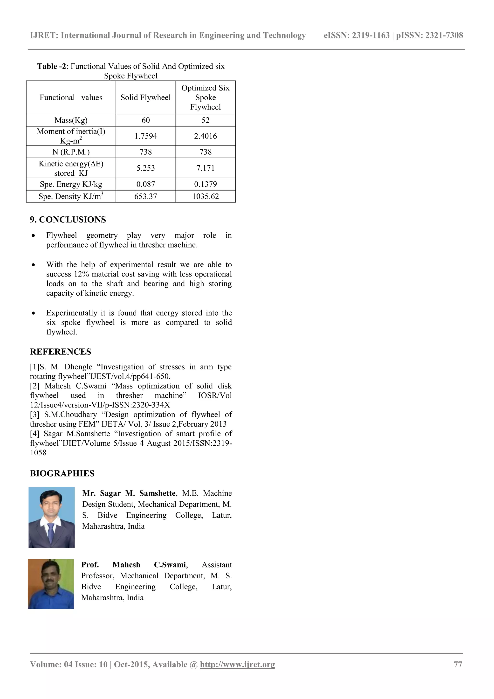 IJRET: International Journal of Research in Engineering and Technology eISSN: 2319-1163 | pISSN: 2321-7308
_______________________________________________________________________________________
Volume: 04 Issue: 10 | Oct-2015, Available @ http://www.ijret.org 77
Table -2: Functional Values of Solid And Optimized six
Spoke Flywheel
Functional values Solid Flywheel
Optimized Six
Spoke
Flywheel
Mass(Kg) 60 52
Moment of inertia(I)
Kg-m2 1.7594 2.4016
N (R.P.M.) 738 738
Kinetic energy(E)
stored KJ
5.253 7.171
Spe. Energy KJ/kg 0.087 0.1379
Spe. Density KJ/m3
653.37 1035.62
9. CONCLUSIONS
 Flywheel geometry play very major role in
performance of flywheel in thresher machine.
 With the help of experimental result we are able to
success 12% material cost saving with less operational
loads on to the shaft and bearing and high storing
capacity of kinetic energy.
 Experimentally it is found that energy stored into the
six spoke flywheel is more as compared to solid
flywheel.
REFERENCES
[1]S. M. Dhengle “Investigation of stresses in arm type
rotating flywheel”IJEST/vol.4/pp641-650.
[2] Mahesh C.Swami “Mass optimization of solid disk
flywheel used in thresher machine” IOSR/Vol
12/Issue4/version-VII/p-ISSN:2320-334X
[3] S.M.Choudhary “Design optimization of flywheel of
thresher using FEM” IJETA/ Vol. 3/ Issue 2,February 2013
[4] Sagar M.Samshette “Investigation of smart profile of
flywheel”IJIET/Volume 5/Issue 4 August 2015/ISSN:2319-
1058
BIOGRAPHIES
Mr. Sagar M. Samshette, M.E. Machine
Design Student, Mechanical Department, M.
S. Bidve Engineering College, Latur,
Maharashtra, India
Prof. Mahesh C.Swami, Assistant
Professor, Mechanical Department, M. S.
Bidve Engineering College, Latur,
Maharashtra, India
 