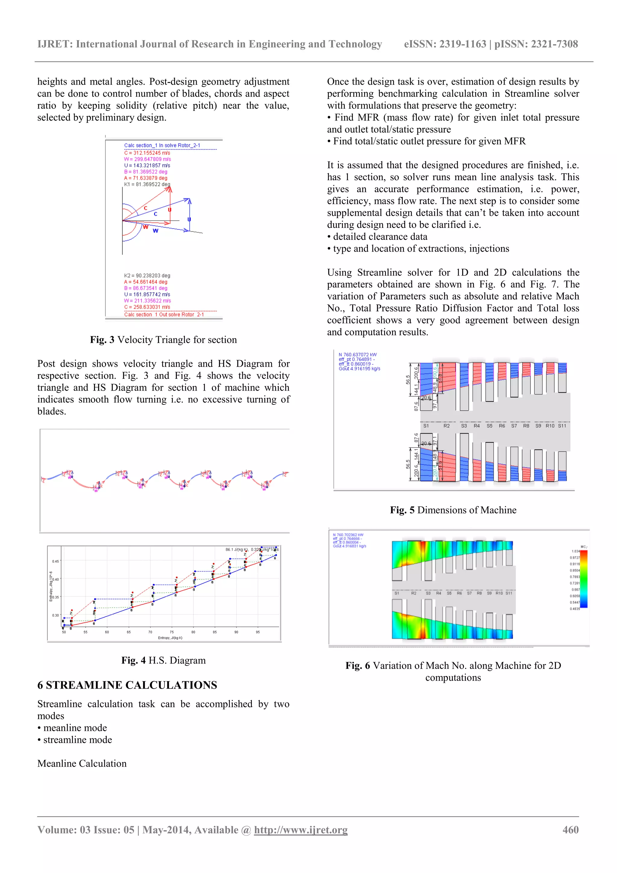 IJRET: International Journal of Research in Engineering and Technology eISSN: 2319-1163 | pISSN: 2321-7308
_______________________________________________________________________________________________
Volume: 03 Issue: 05 | May-2014, Available @ http://www.ijret.org 460
heights and metal angles. Post-design geometry adjustment
can be done to control number of blades, chords and aspect
ratio by keeping solidity (relative pitch) near the value,
selected by preliminary design.
Fig. 3 Velocity Triangle for section
Post design shows velocity triangle and HS Diagram for
respective section. Fig. 3 and Fig. 4 shows the velocity
triangle and HS Diagram for section 1 of machine which
indicates smooth flow turning i.e. no excessive turning of
blades.
Fig. 4 H.S. Diagram
6 STREAMLINE CALCULATIONS
Streamline calculation task can be accomplished by two
modes
• meanline mode
• streamline mode
Meanline Calculation
Once the design task is over, estimation of design results by
performing benchmarking calculation in Streamline solver
with formulations that preserve the geometry:
• Find MFR (mass flow rate) for given inlet total pressure
and outlet total/static pressure
• Find total/static outlet pressure for given MFR
It is assumed that the designed procedures are finished, i.e.
has 1 section, so solver runs mean line analysis task. This
gives an accurate performance estimation, i.e. power,
efficiency, mass flow rate. The next step is to consider some
supplemental design details that can’t be taken into account
during design need to be clarified i.e.
• detailed clearance data
• type and location of extractions, injections
Using Streamline solver for 1D and 2D calculations the
parameters obtained are shown in Fig. 6 and Fig. 7. The
variation of Parameters such as absolute and relative Mach
No., Total Pressure Ratio Diffusion Factor and Total loss
coefficient shows a very good agreement between design
and computation results.
Fig. 5 Dimensions of Machine
Fig. 6 Variation of Mach No. along Machine for 2D
computations
 