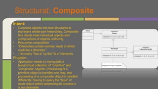 Structural: Composite
Intent:
• Compose objects into tree structures to
represent whole-part hierarchies. Composite
lets clients treat individual objects and
compositions of objects uniformly.
• Recursive composition
• "Directories contain entries, each of which
could be a directory."
• 1-to-many "has a" up the "is a" hierarchy
Problem:
• Application needs to manipulate a
hierarchical collection of "primitive" and
"composite" objects. Processing of a
primitive object is handled one way, and
processing of a composite object is handled
differently. Having to query the "type" of
each object before attempting to process it
is not desirable.
 