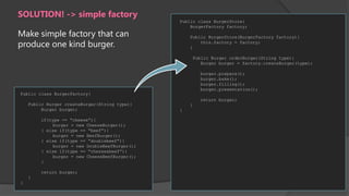 SOLUTION! -> simple factory
Make simple factory that can
produce one kind burger.

Public class BurgerStore{
BurgerFactory factory;
Public BurgerStore(BurgerFactory factory){
this.factory = factory;
}
Public Burger orderBurger(String type){
Burger burger = factory.createBurger(type);
burger.prepare();
burger.bake();
burger.filling();
burger.presentation();

Public class BurgerFactory{
return burger;
Public Burger createBurger(String type){
Burger burger;
if(type == “cheese”){
burger = new CheeseBurger();
} else if(type == “beef”){
burger = new BeefBurger();
} else if(type == “doublebeef”){
burger = new DoubleBeefBurger();
} else if(type == “chesse&beef”){
burger = new CheeseBeefBurger();
}
return burger;

}
}

}

}

 