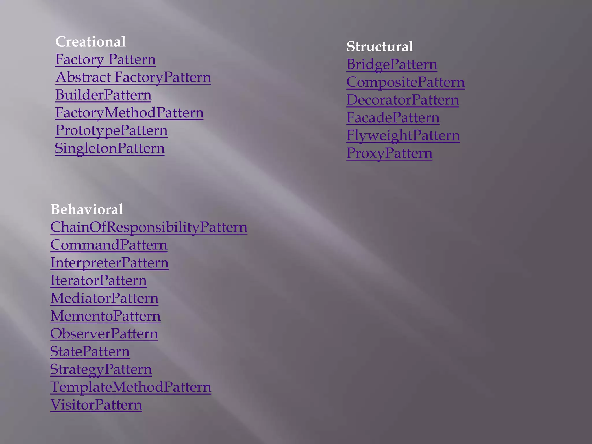Creational Factory Pattern Abstract FactoryPattern BuilderPattern FactoryMethodPattern PrototypePattern SingletonPattern Structural BridgePattern CompositePattern DecoratorPattern FacadePattern FlyweightPattern ProxyPattern Behavioral ChainOfResponsibilityPattern CommandPattern InterpreterPattern IteratorPattern MediatorPattern MementoPattern ObserverPattern StatePattern StrategyPattern TemplateMethodPattern VisitorPattern 